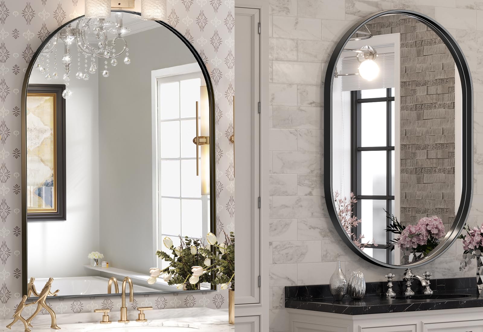 Brightify Black Oval Mirror for Wall 24x36 Inch and Black Arched Mirror 30 x 40 Inch Metal Framed