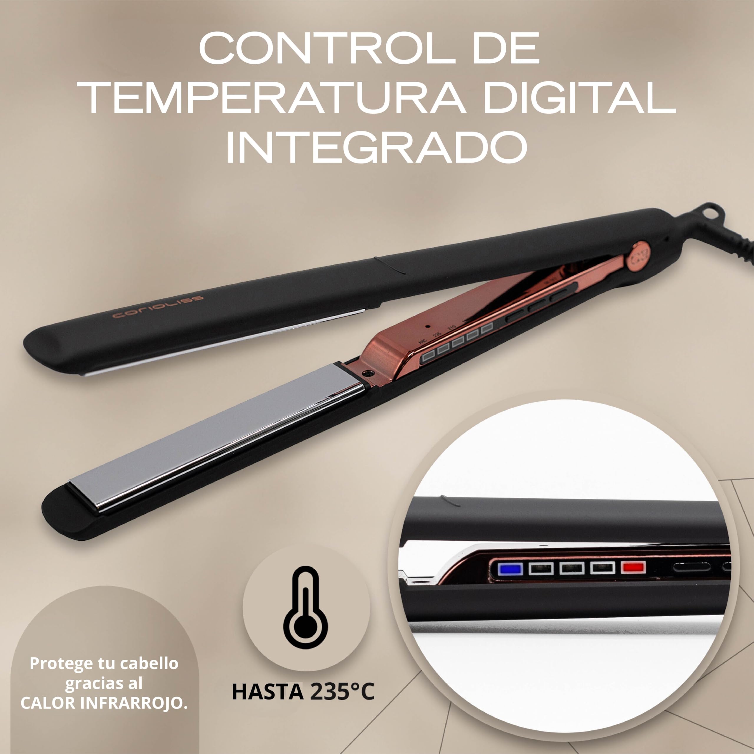 Corioliss C3 | Plancha del pelo Profesional | Placas extralargas de titanio | Alisado y Ondas | Temperatura ajustable 135º-235º | Calentamiento 20 seg | Con funda de Viaje | Black Copper