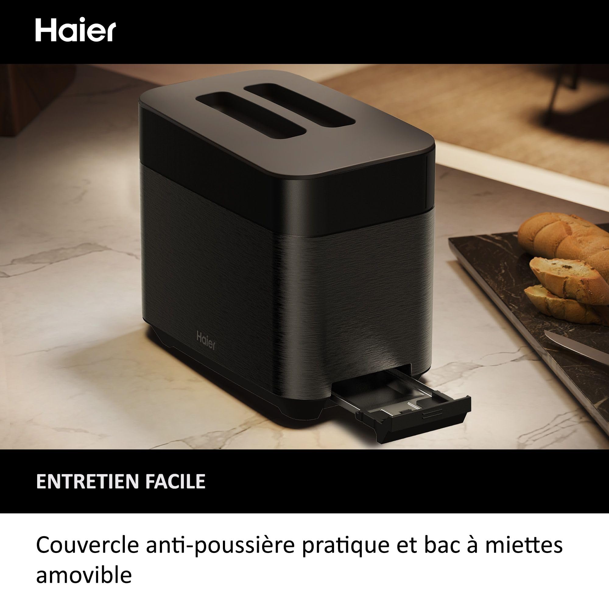 Haier I-Master Série 5 Grille-Pain, Acier Inoxydable, 2 Tranches avec Fentes Extra Profondes, Poignée de Levage pour Eviter les Brûlures, Couvercle Anti-Poussière, 7 Niveaux de Brunissage [Noir]