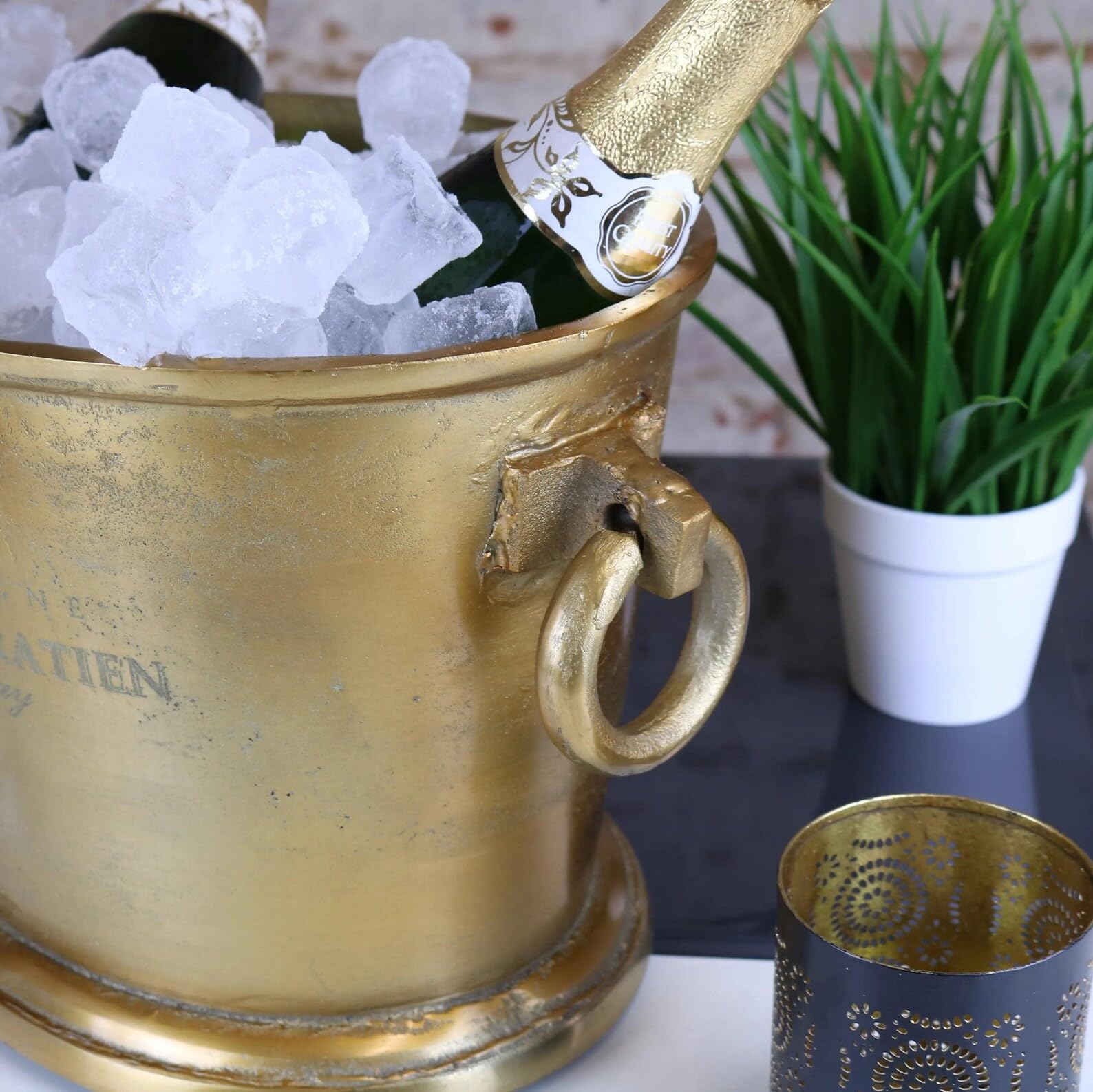 Champagnerkühler Vintage Gold, elegante Champagnerschale mit Vintage Design, 26cm Durchmesser, 37cm hoch, goldener Aluminiumguss, Flaschenkühler für stilvolle Präsentation