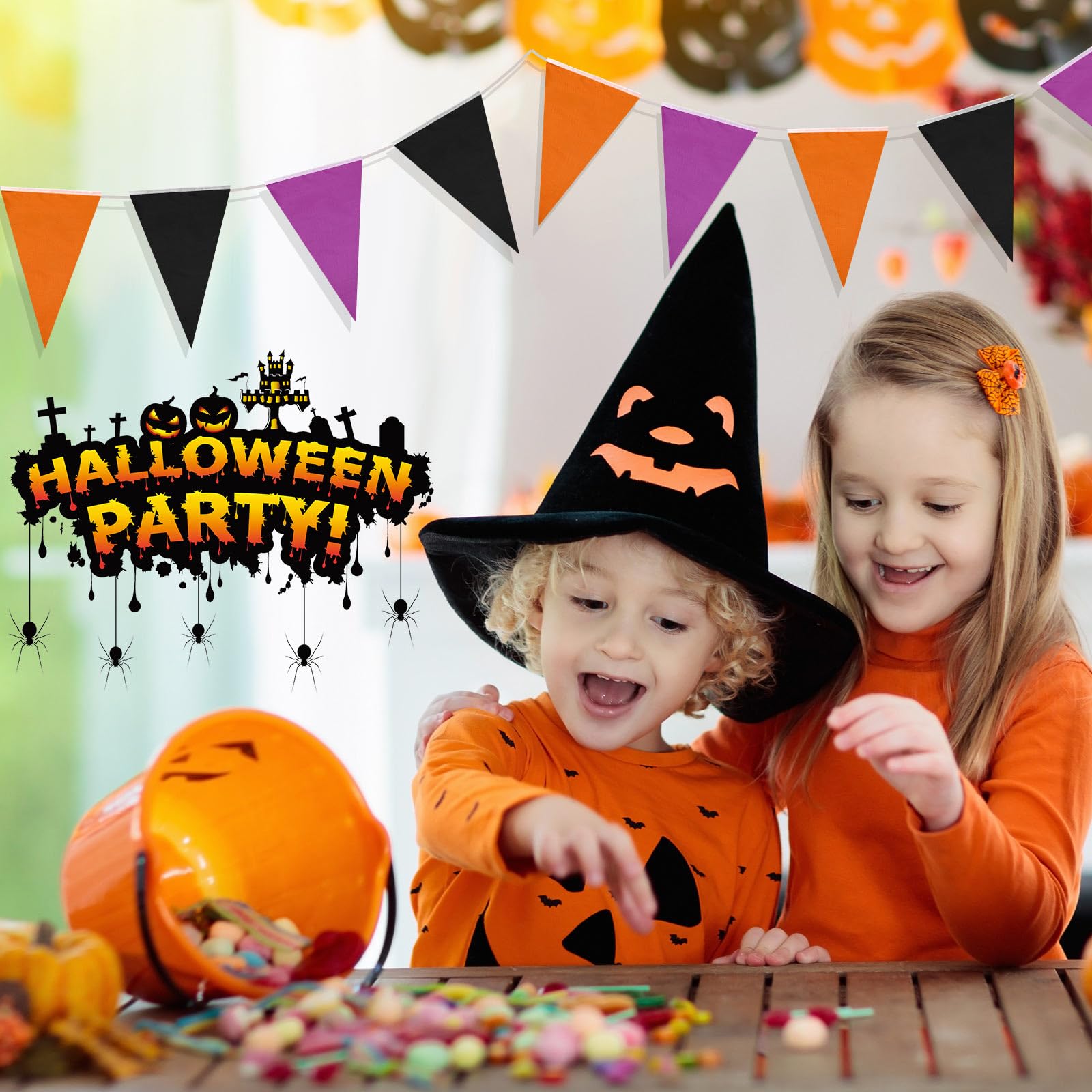 Tatuo 328 Feet Halloween Pennant Banner Flags 10 Pcs Halloween Triangle Flags String DIY Bunting Fabric Bunting Garland for Indoor Outdoor Halloween Party Hanging Decoration (Orange - Image 4