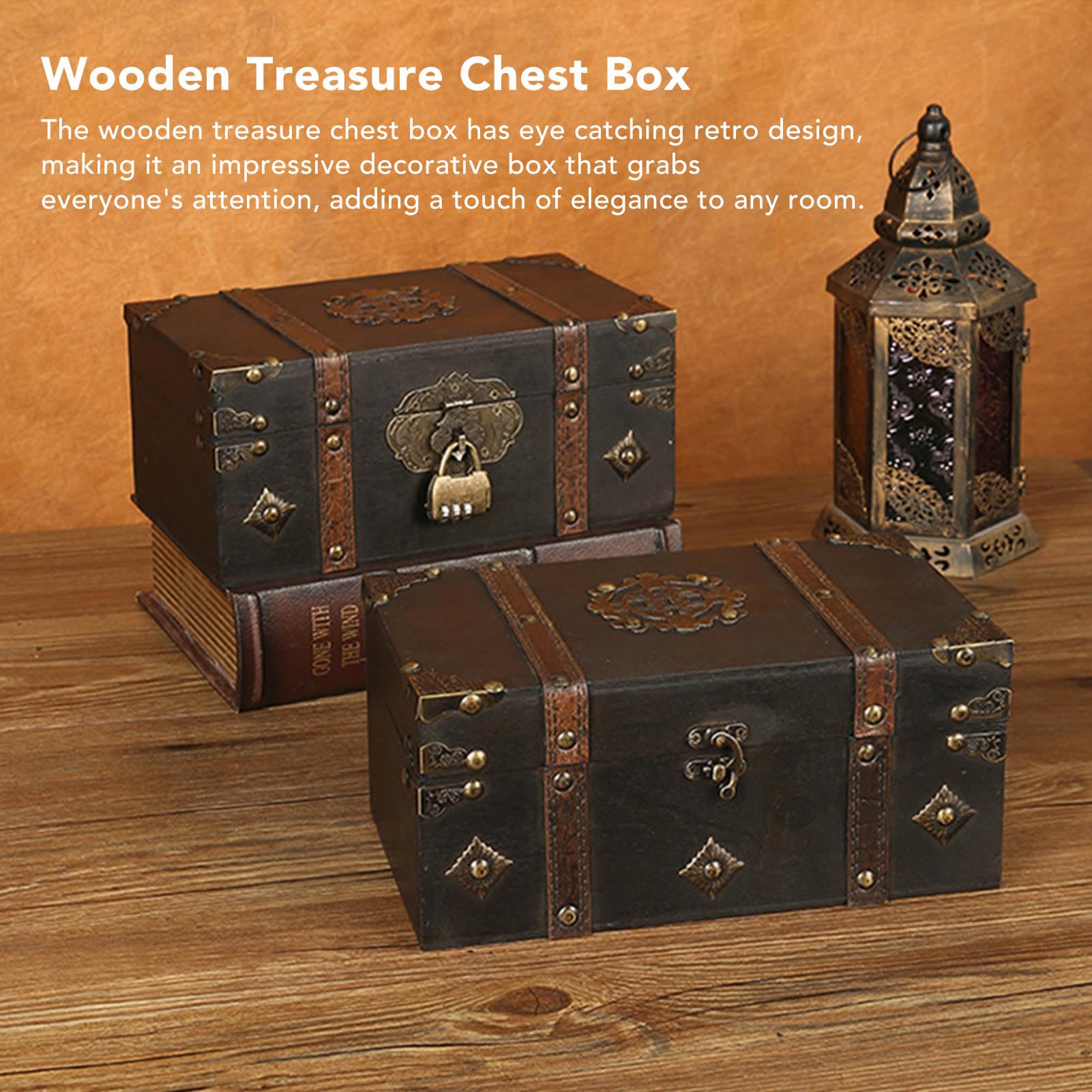 Jwthee Vintage Wooden Jewelry Box, Black, Retro Storage Box, Adjustable Latch with Key Lock, 10.62