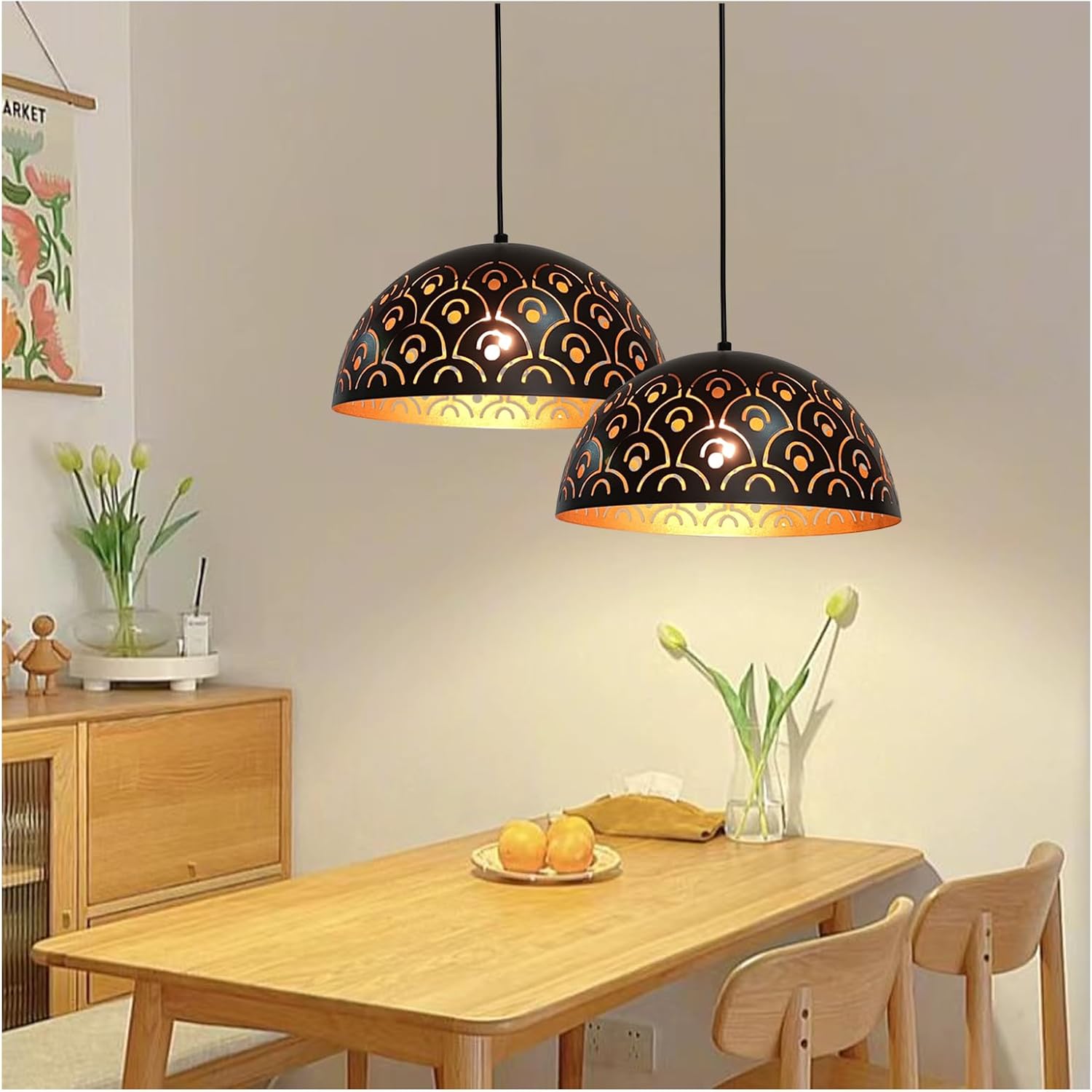Pendant Lights Kitchen Island Farmhouse Set of 2, Black And Gold Hanging Lamp Retro, Adjustable Height, 11.8 in Hollow Lampshade, E26 Vintage Chandeliers for Dining Room, Bedroom, Hallway, Entryway
