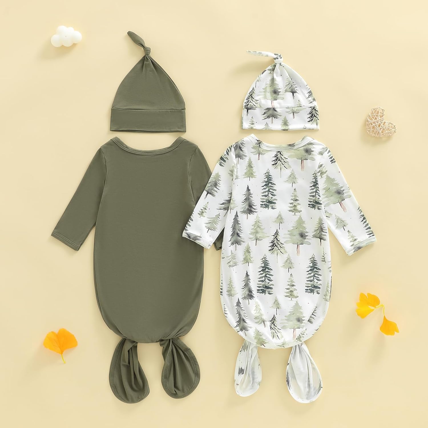 woshilaocai 2 Pack Baby Boy Girl Gown Sleeper Newborn Knotted Nightgown and Hat Set Infant Sleepwear - Image 2