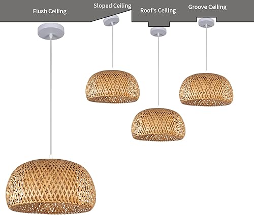 Miniatura 4 de Teru Ji Kaikang Lámpara colgante de bambú tejida a mano, 11.81 pulgadas, ratán de 1 luz, luz colgante de techo de madera natural, lámpara de bambú