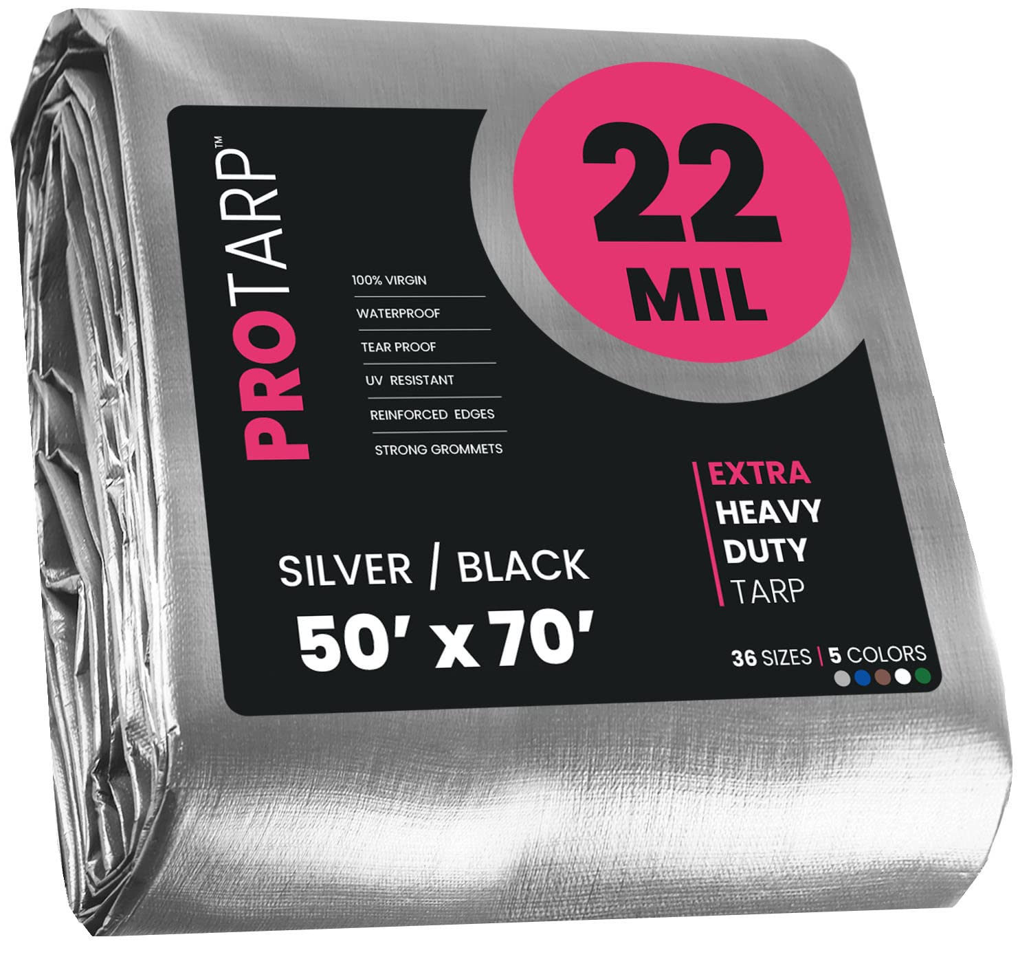 Extreme Heavy Duty 22 Mil Tarp Cover, Waterproof, UV Resistant, Rip and Tear Proof, Poly Tarpaulin with Reinforced Edges for Roof, Camping, Patio, Pool, Boat. (Silver/Black 50′ X 70′)