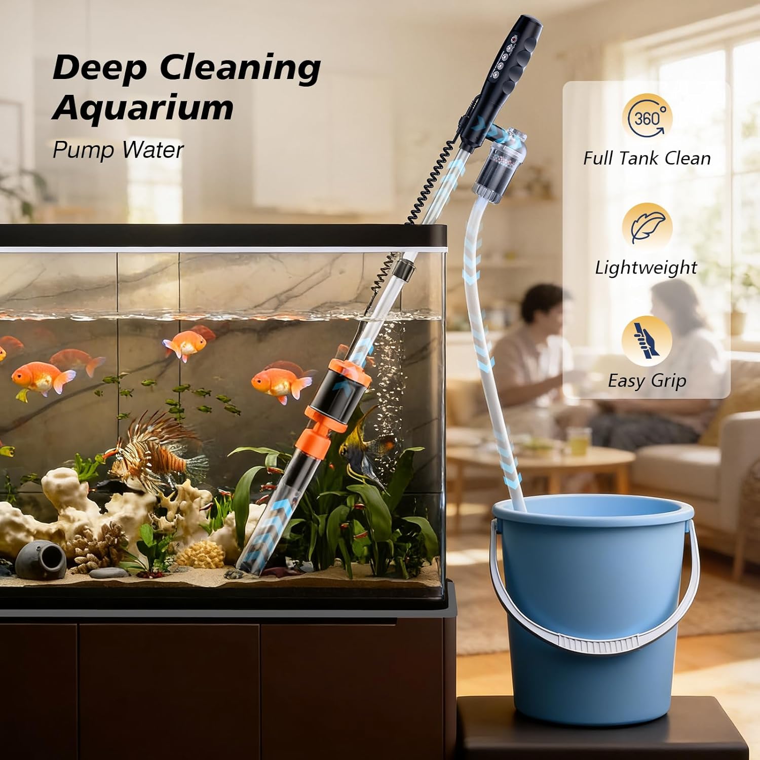 AKKEE Aquarium Vacuum Gravel Cleaner Handle Control, 8 in 1 Multifunctional 36W Electric Fish Tank Cleaner Vacuum for Automatic Water Change, Wash Sand, Water Circulation and Timed Off