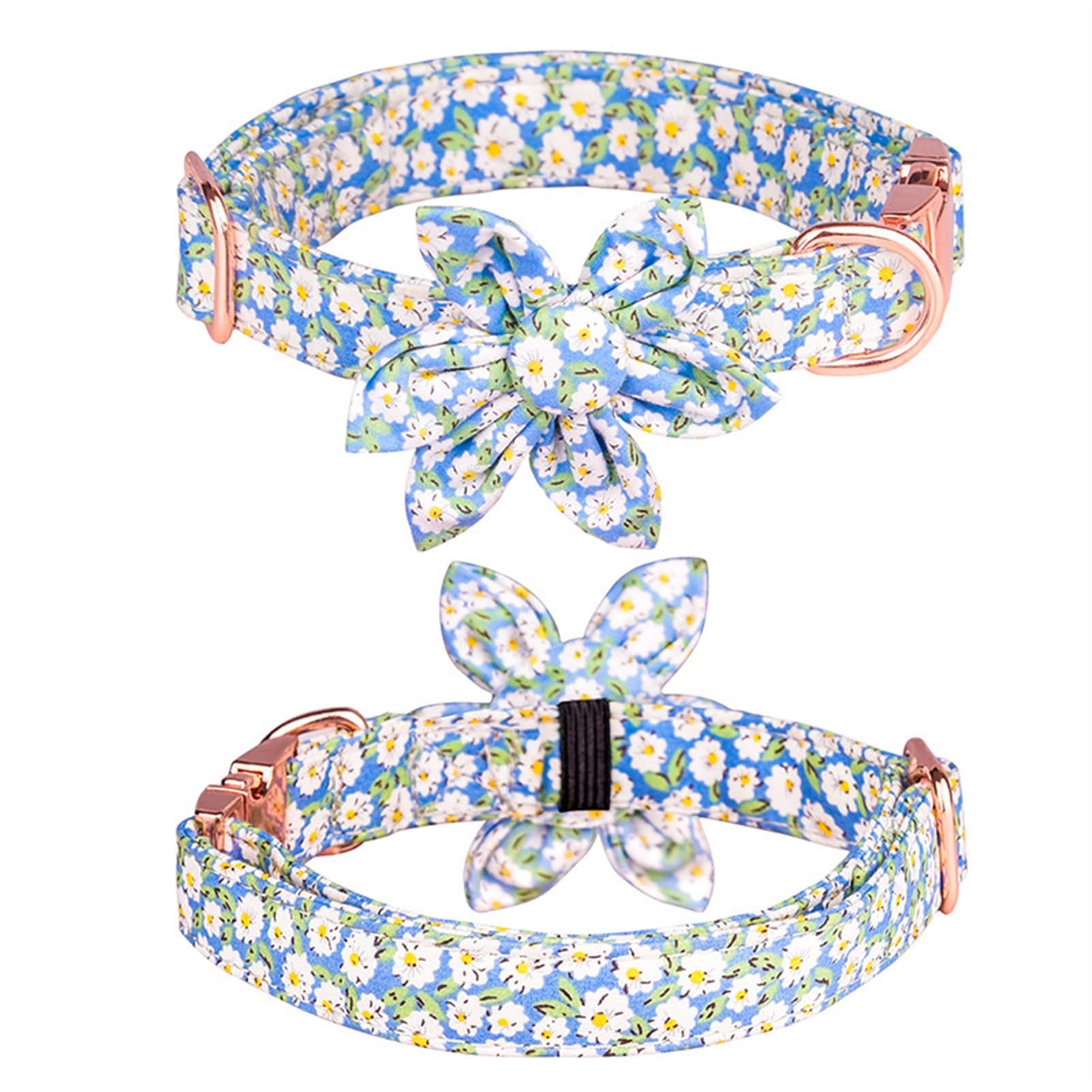 Collier pour chien bleu M en coton imprimé marguerites à boucle métallique