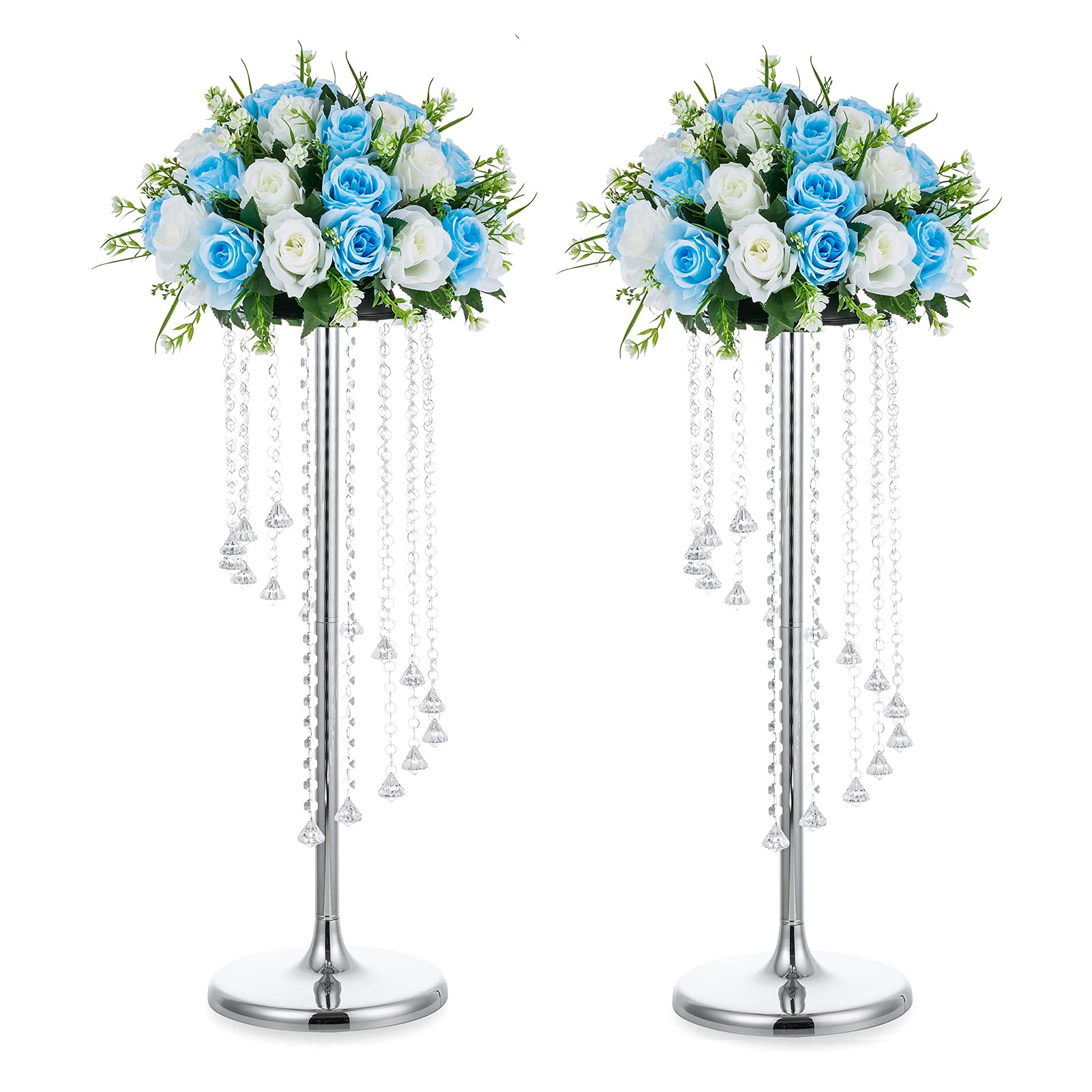 Nuptio 2 Stück Hochzeitsmittelstücke Silbervasen 70cm Hohe Kristallblumenvase Metallblumenständer für Partytischdekorationen Elegante Massenhochzeitsdekoration Tischkronleuchter Herzstückständer