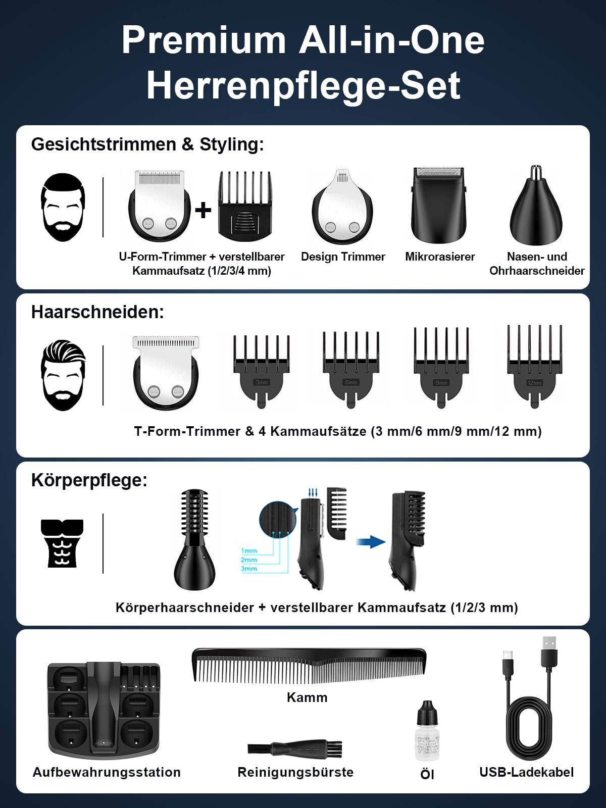 Profi Elektrisch Barttrimmer Herren Haarschneidemaschine: VESSTT Haarschneider bartschneider Nasenhaartrimmer Körperhaartrimmer für Männer 11in1 Trimmer Set, USB wiederaufladbar & Wasserdicht Rasierer