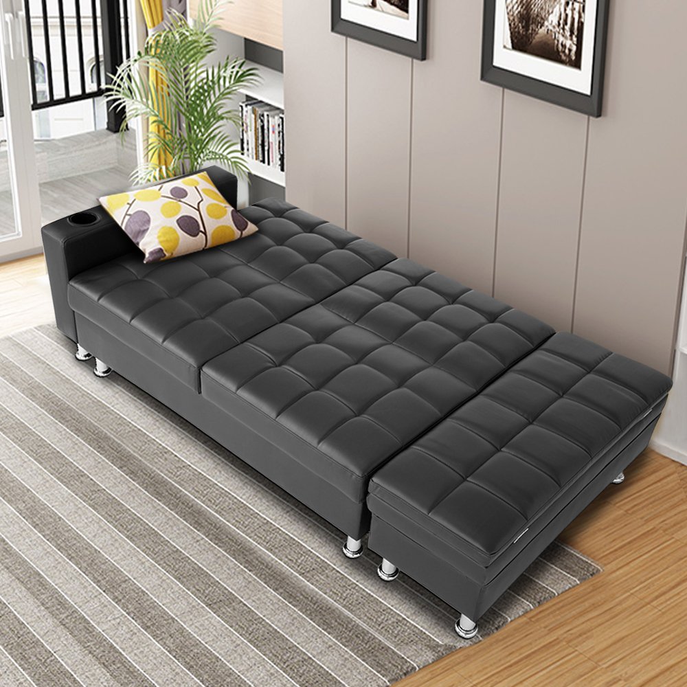 Tuff Concepts Multifunctional Faux Leather Sofa Bed with Storage & Cup Holder Recliner Sofabed Italian Style Living Room Furniture (Black)