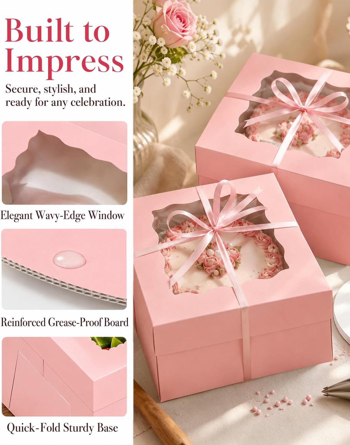 qiqee 36Pcs Pink 10"x10"x8" Cake Box & 10" Cake Round Boards, Silk Ribbon, Treat Cookie Dessert, Pastry, Birthday Party, Weddings image 4