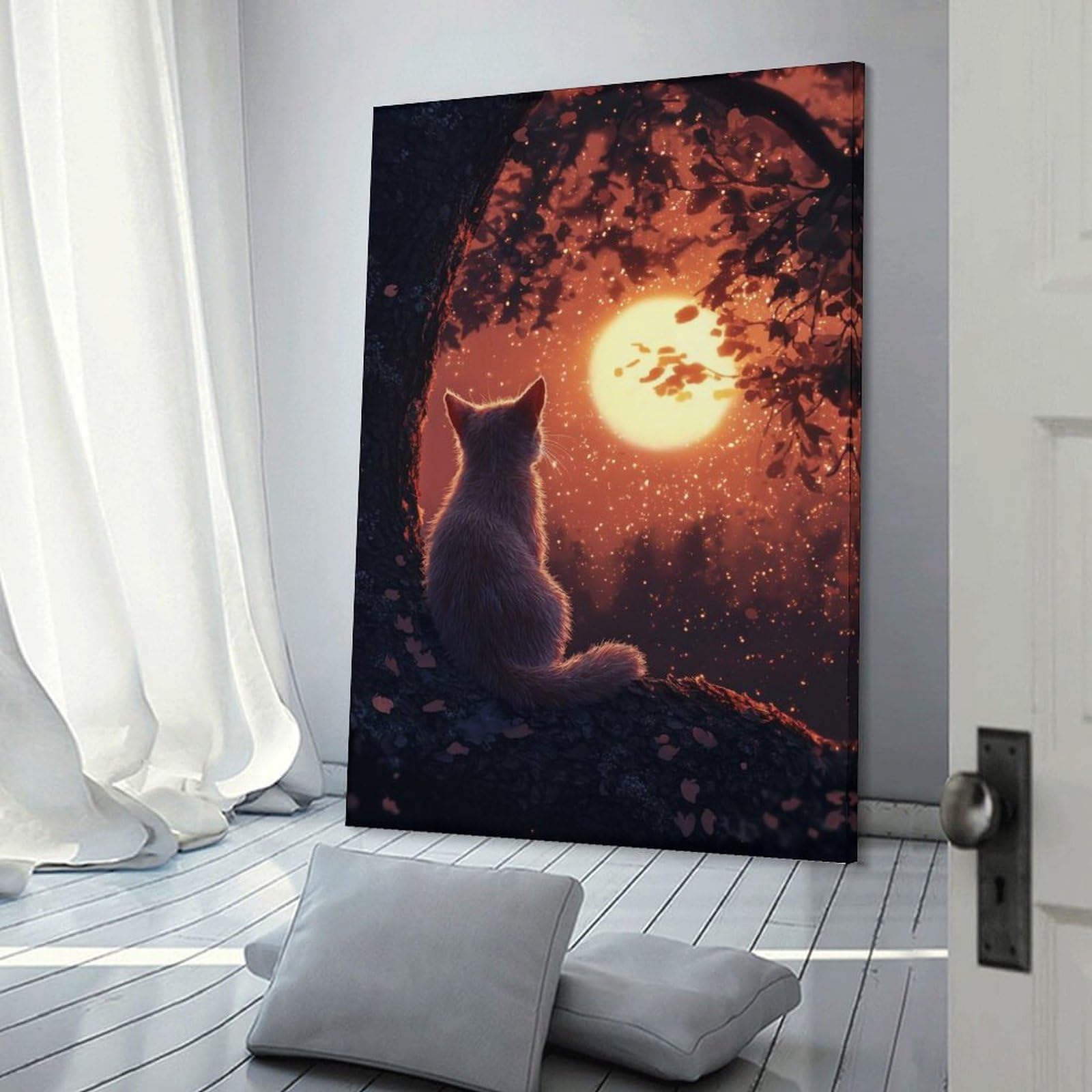Junmoney Frame-Style-16 Cat Silhouetted Against Moon Canvas Wall Decor, 24X36inch(60X90cm), For Wall Displays, Bedrooms Or Room Updates, Wall Decor Suited To Curated Displays
