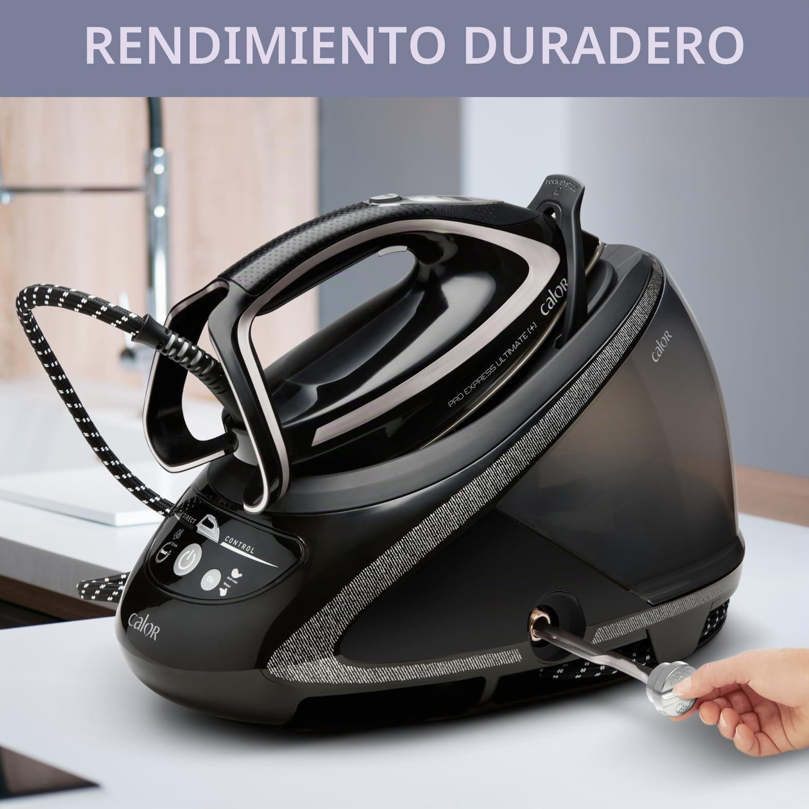 Calor Vapor de tecnología Función Pro Express Ultimate Pure+ GV9610C0-Centro de Planchado Profesional de Alta presión (650 g/min), 2830 W, 1.9 litros, Negro y Plateado