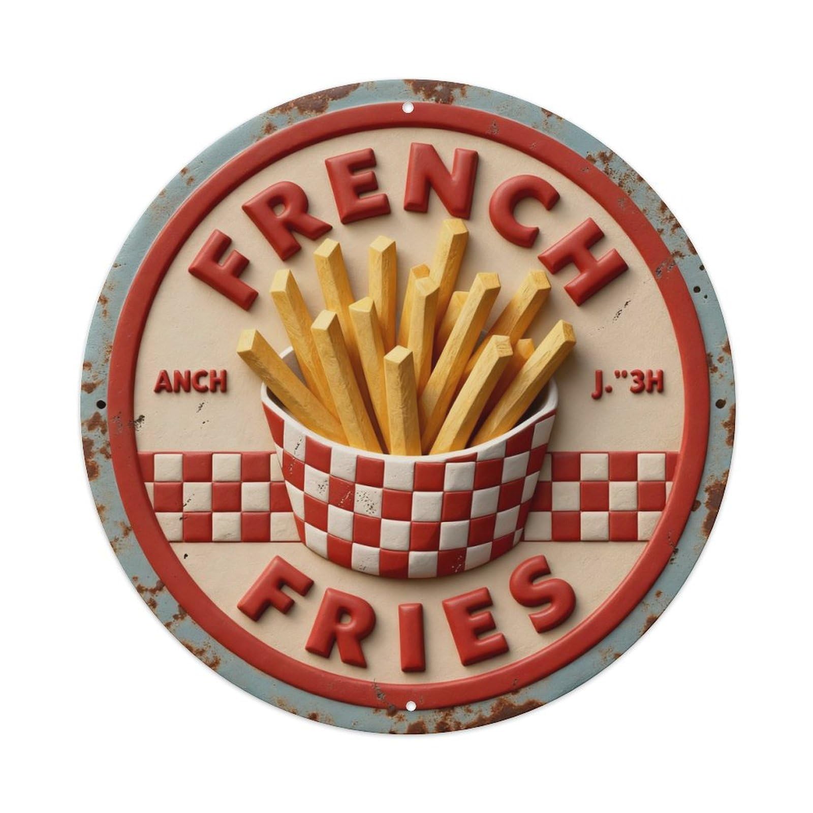 Red White Checkered Pattern Fries Round Metal Tin Sign Vintage Wall Decor, Bar Garage Cafe Kitchen Home Wall Art Poster 8x8inches