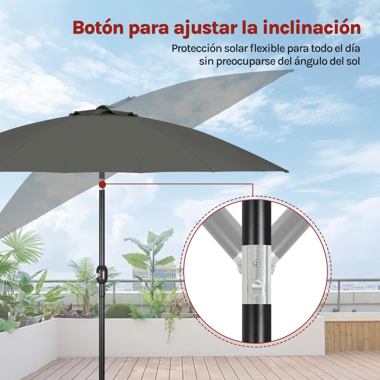 WOLTU Sombrilla de Jardín Grande, Ø257/273 cm, Sombrilla Playa con Manivela, Parasol de Exteriores con 18 Varillas Resistentes, Cortavientos, para Terraza, Patio, Piscina, Gris Oscuro