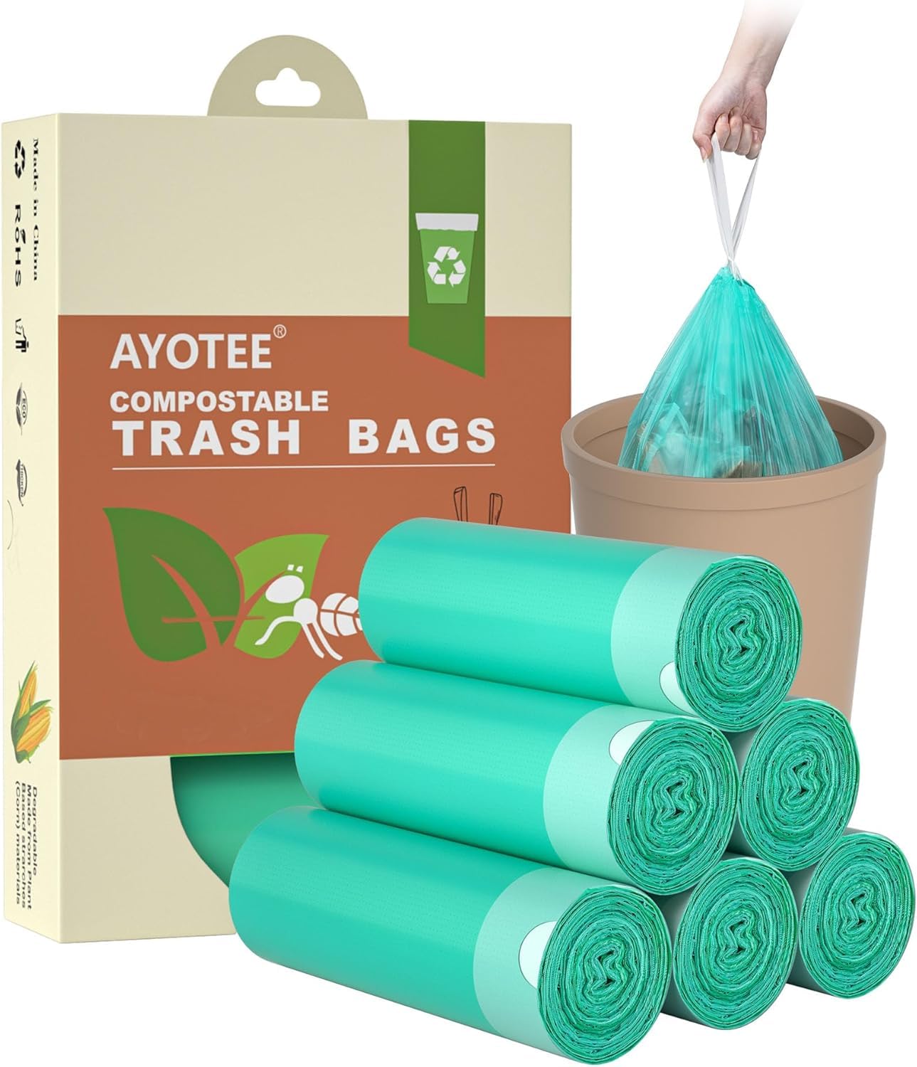 AYOTEE Compostable Trash Bags 4 Gallon Drawstring Trash Bags,100 Counts Ultra Strong Unscented Garbage Bag Small TrashBags Waste Basket Liners for
