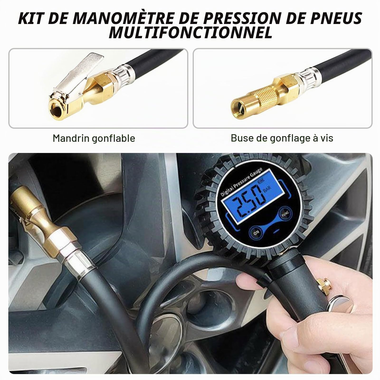 Testeur de pression d'air - Gonfleur de pneu - Avec manomètre, manomètre - Testeur de pression d'air numérique avec écran LCD rétroéclairé - Pour véhicule, moto, voiture
