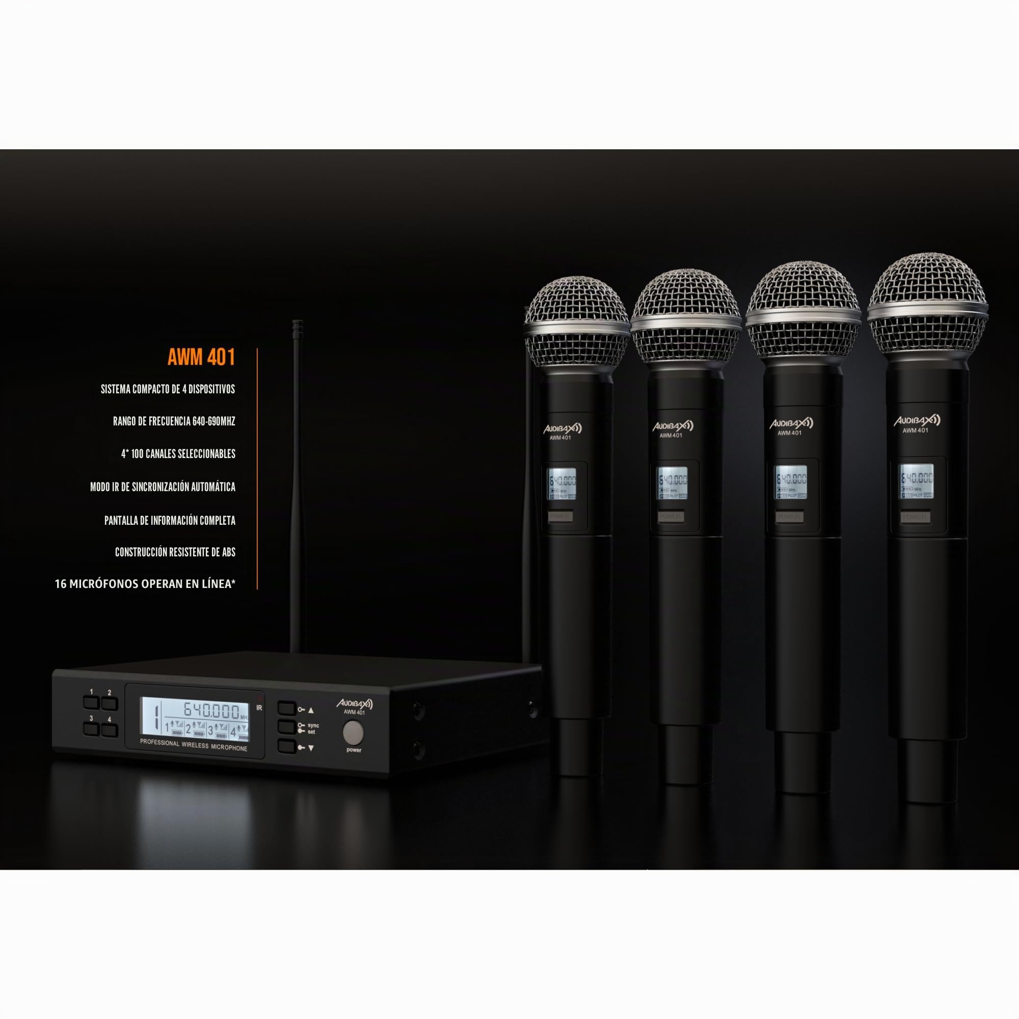 Audibax AWM 401 Sistema Inalámbrico Micrófono de Mano de 4 Canales UHF