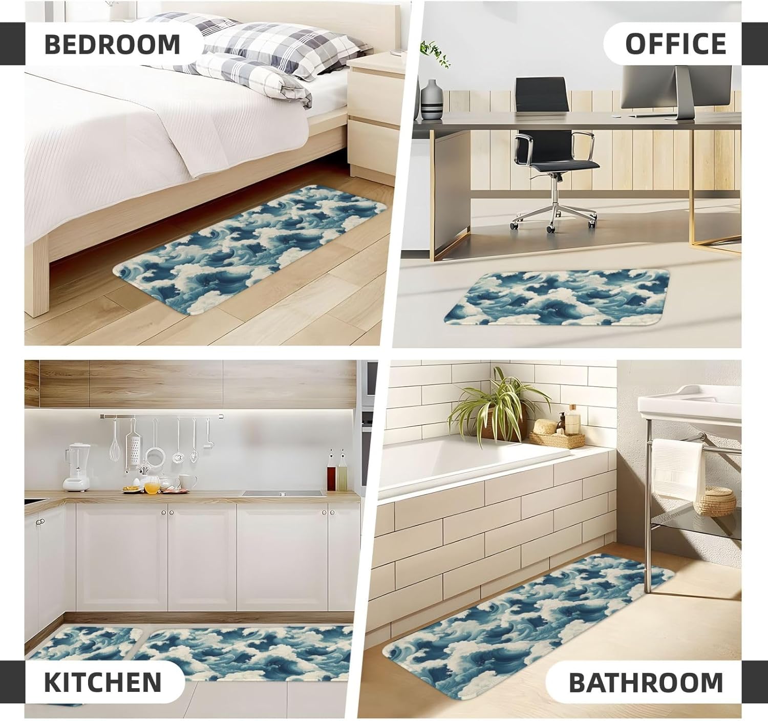 Blue Waves A Print Kitchen Rugs Sets of 2 Non Slip Washable, Anti Fatigue Kitchen Mats for Floor, Home Decor