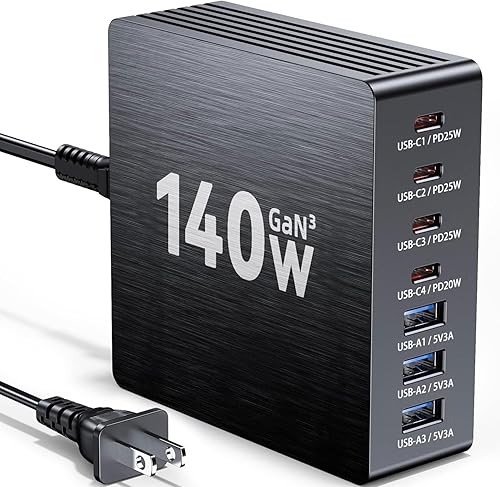 Estación de carga USB C, estación de carga rápida GaN III de 7 puertos de 140 W, estación de carga USB PD 3.0 para múltiples dispositivos,