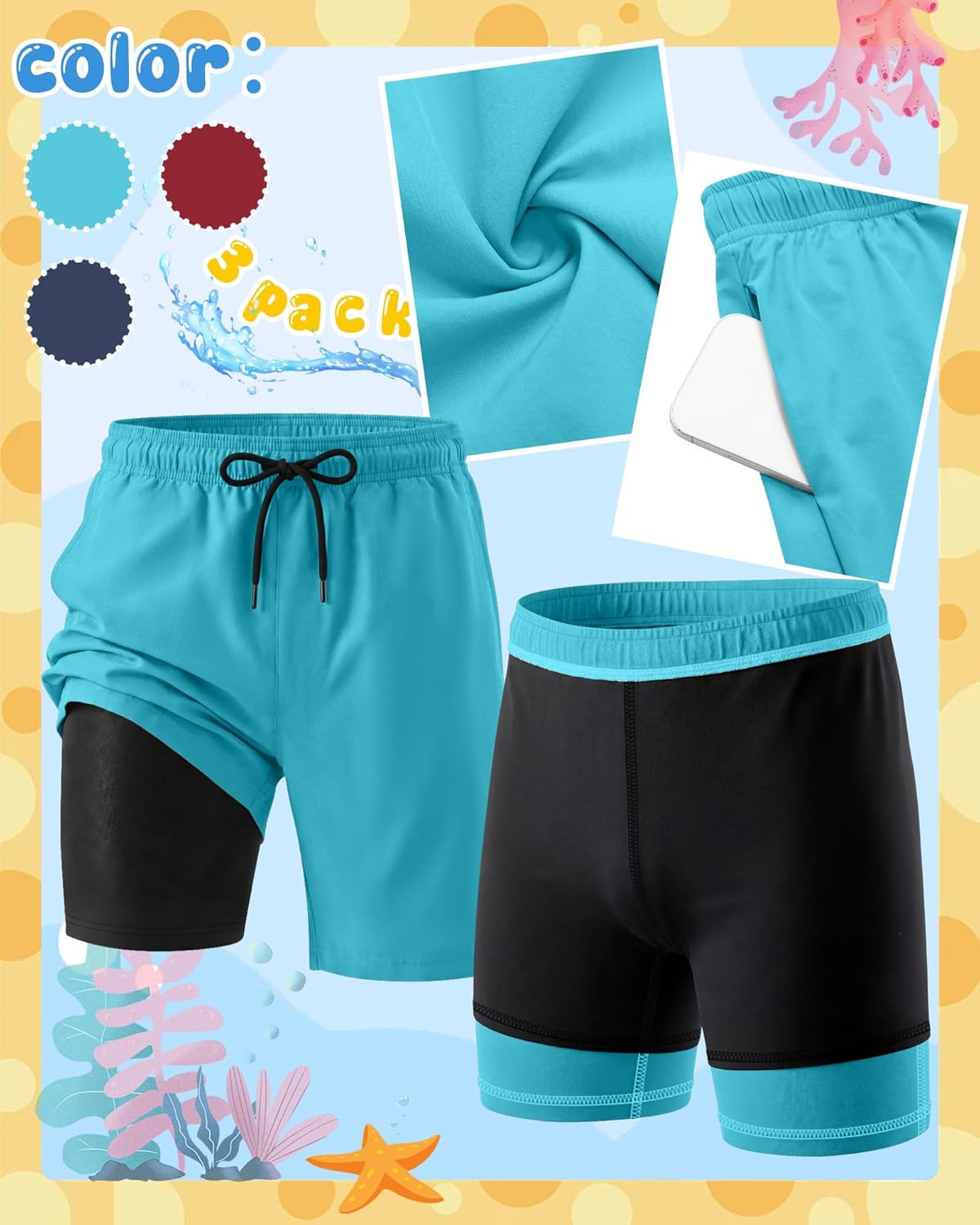 Oakgarden 3 Pack Boys' Swim Trunks Compression Liner Swimming Shorts Quick Dry Bathing Suits with Pockets Anti-Chafe Kids