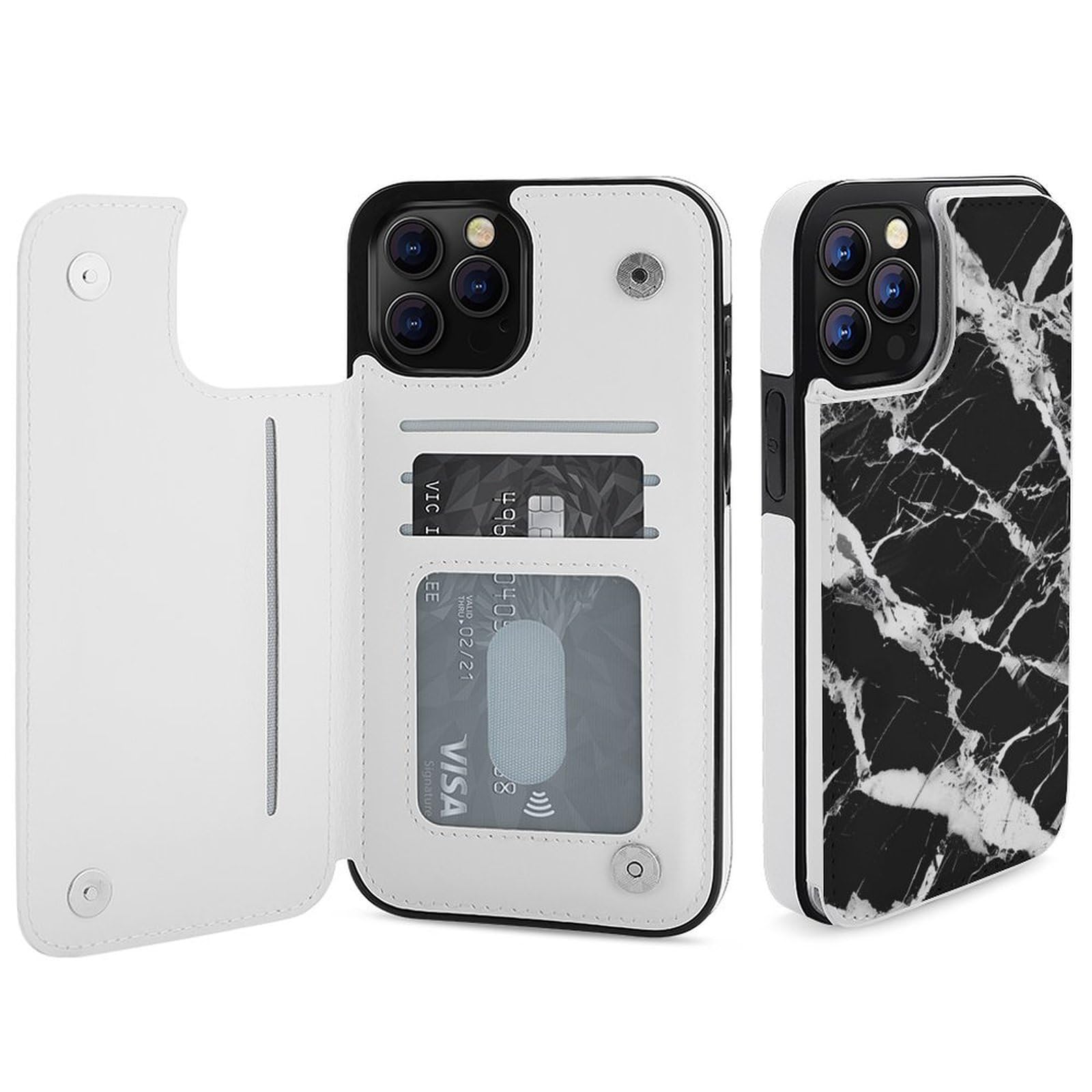 Fundas tipo cartera para iPhone 12 Pro Max, con estampado de mármol blanco y negro, funda de piel con ranuras para tarjetas
