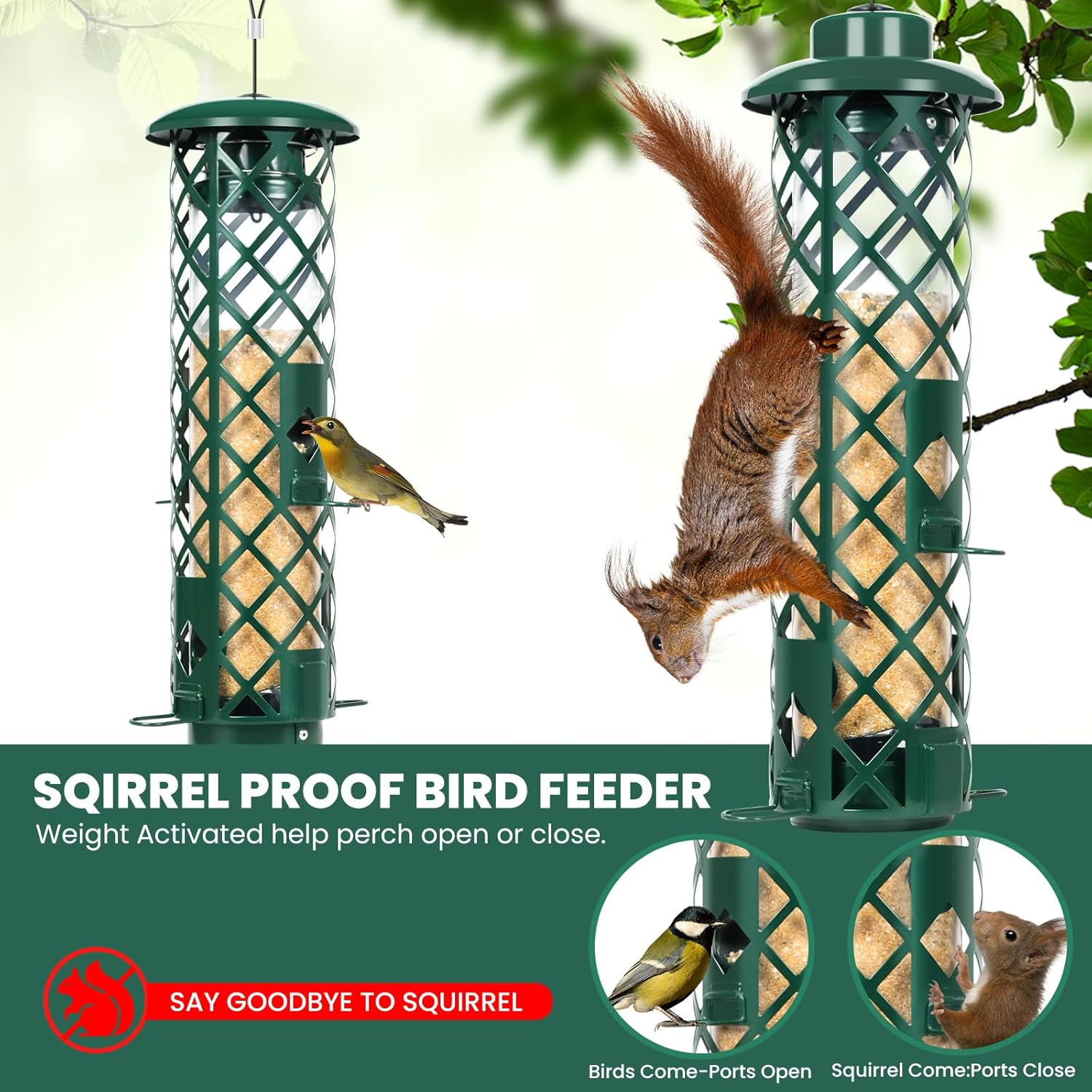 Squirrel Proof Bird Feeder, 3LB Metal Mesh Hanging Bird Feeder with Weight-Activated Perches, Outdoor Bird Feeder for Cardinal, Finch, Chickadee & Blue Jay, Durable Green