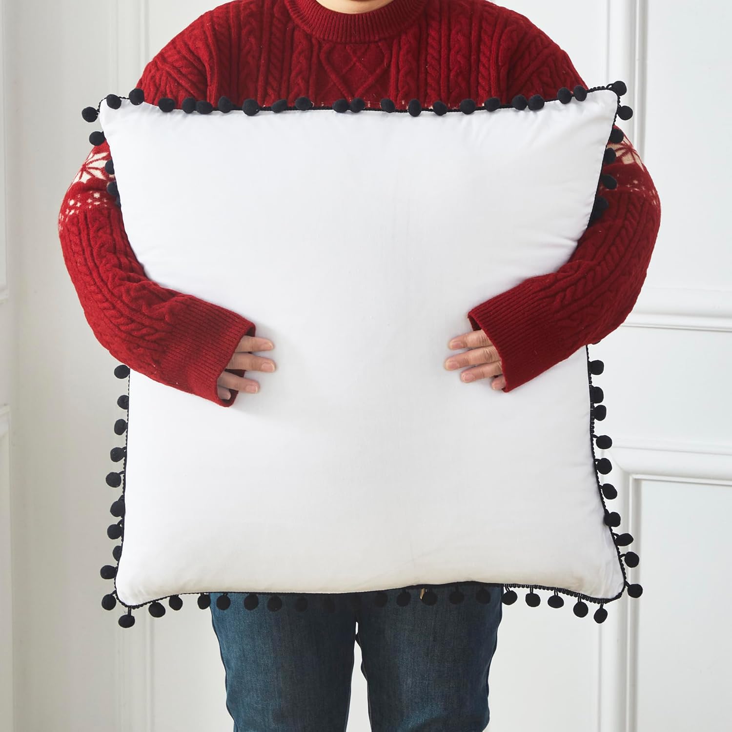 Helthep Boho Throw Pillow Covers 26×26 Inch Pack of 2 100% Washed Cotton Ethnic Bohemian Pompom Tassel Trimmed Ruffle Decorative Throw Pillows White and Black Pompom