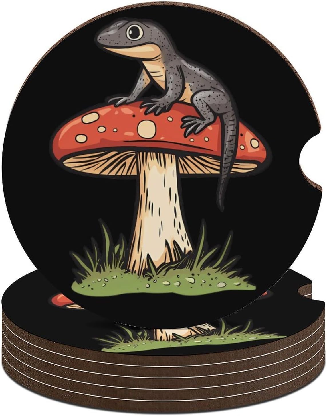 Lizard on Top of Mushroom Cute Car Coasters 2.56 Inch Absorbent Cup Holder for Drinks Auto Interior Accessories