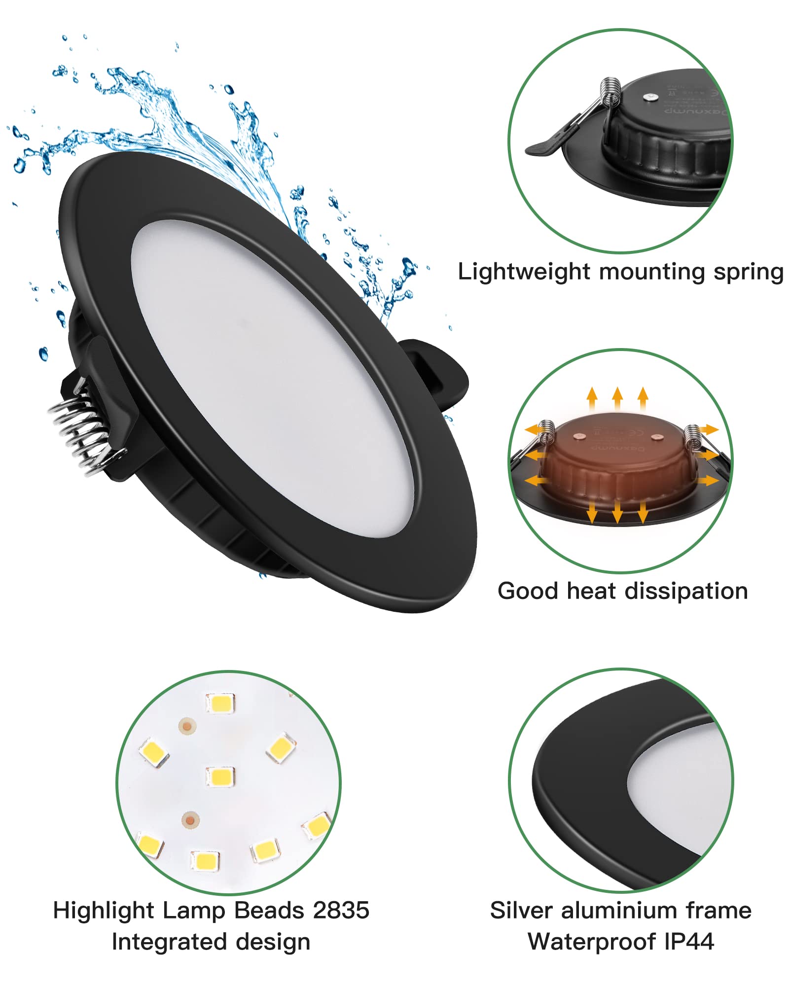 Dexnump Spot encastrable LED ultra plat 230V - Lot de 6 spots encastrables 7W Spots de plafond énergétique Spots encastrables IP44 pour salle de bain cuisine salon (Noir,6000K)