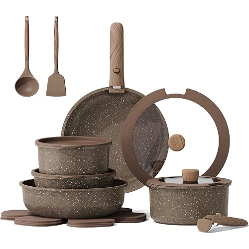 CAROTE 17PCS Pots and Pans Set Non Stick with Detachable Handle, Nonstick Cookware Sets, Cooking Kitchen Set, Oven/Dishwasher Safe, Induction Cookware, Brown, RV Kitchen Pot and Pan