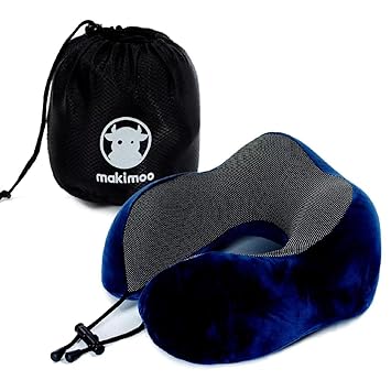 Makimoo Memory Foam Travel Pillow, Neck Pillow with 360-Degree Head Support, Comfortable and Lightweight, Ideal for Sleeping on Airplane, Car, Train, Bus and Home Use, Comes with Storage Bag (Blue) - image, photos