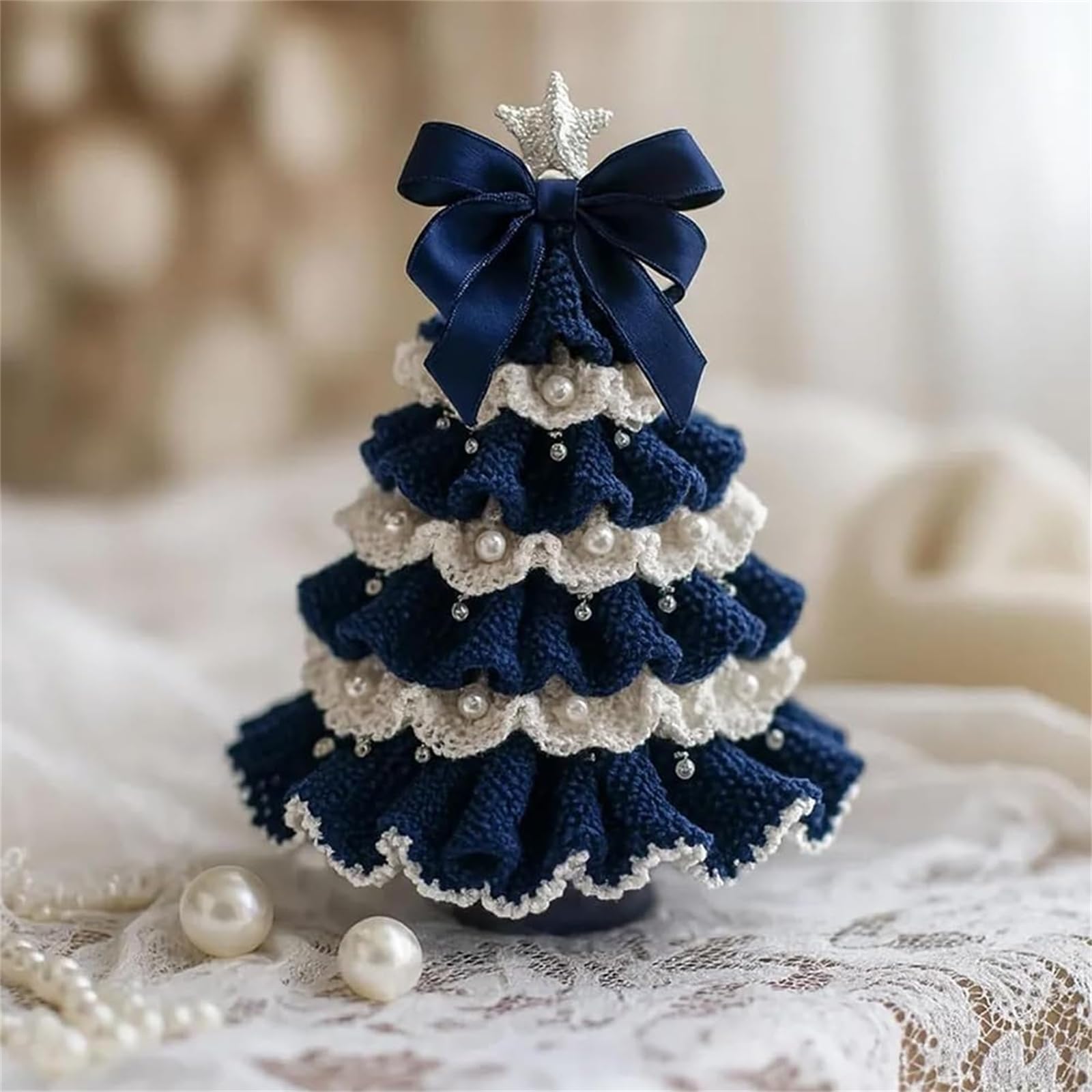 Kit de árbol de Navidad de ganchillo hecho a mano, juego de decoración navideña con lazo y adorno de perlas, perfecto para principiantes