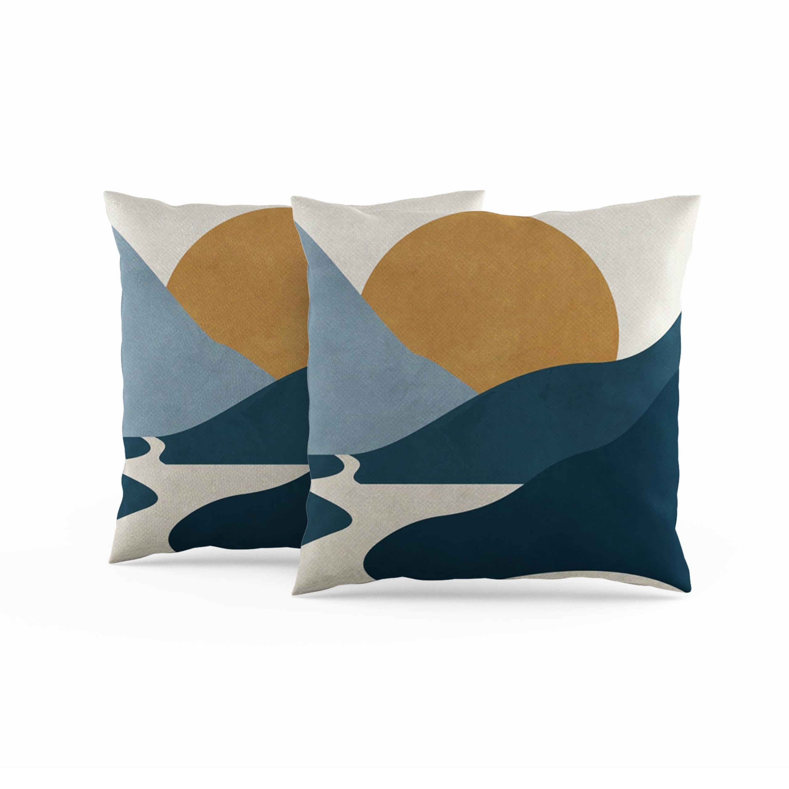 ggaimwf Modern Art Cushion Covers Hill River Mountain Sun Boho Style Abstract Painting Decorative Throw Pillow Cover for Couch Bed Garden Accent Chair Continental Pillows Linen 60x60cm Set of 2