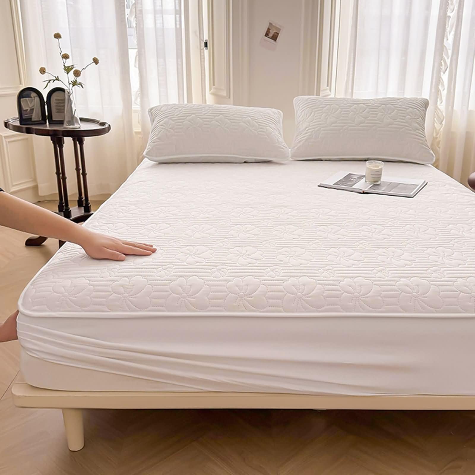 Spannbettlaken 150x200CM Boxspringbett mit 2 Kissenbezüge, Spannleintuch Baumwolle Weiß Wasserdicht mit Muster Geblümt Bettwäsche Set Spannbettlaken Matratzenschoner rutschfest (3 Stück)