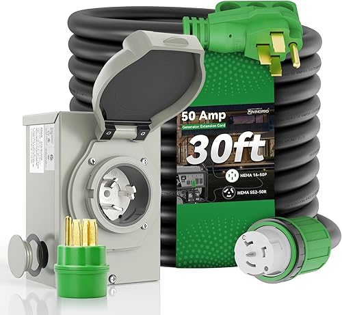Cable generador de 50 amperios y caja de entrada de alimentación preperforada, cable generador de 30 pies, 50 amperios, 4 clavijas, 125 V250 V NEMA