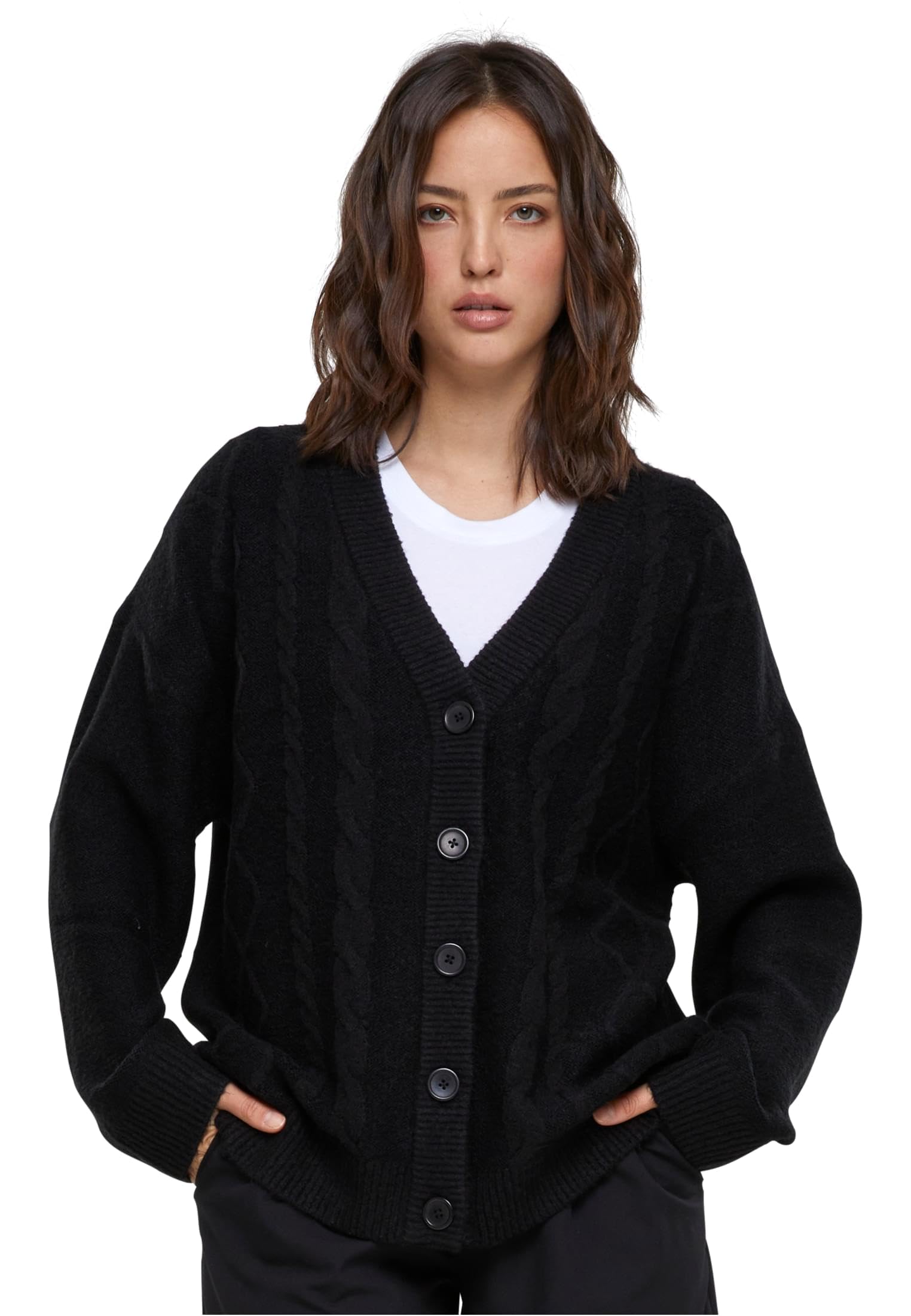 Urban Classics Women's Ladies Cabel Knit Cardigan Cardigan Sweater, Black,