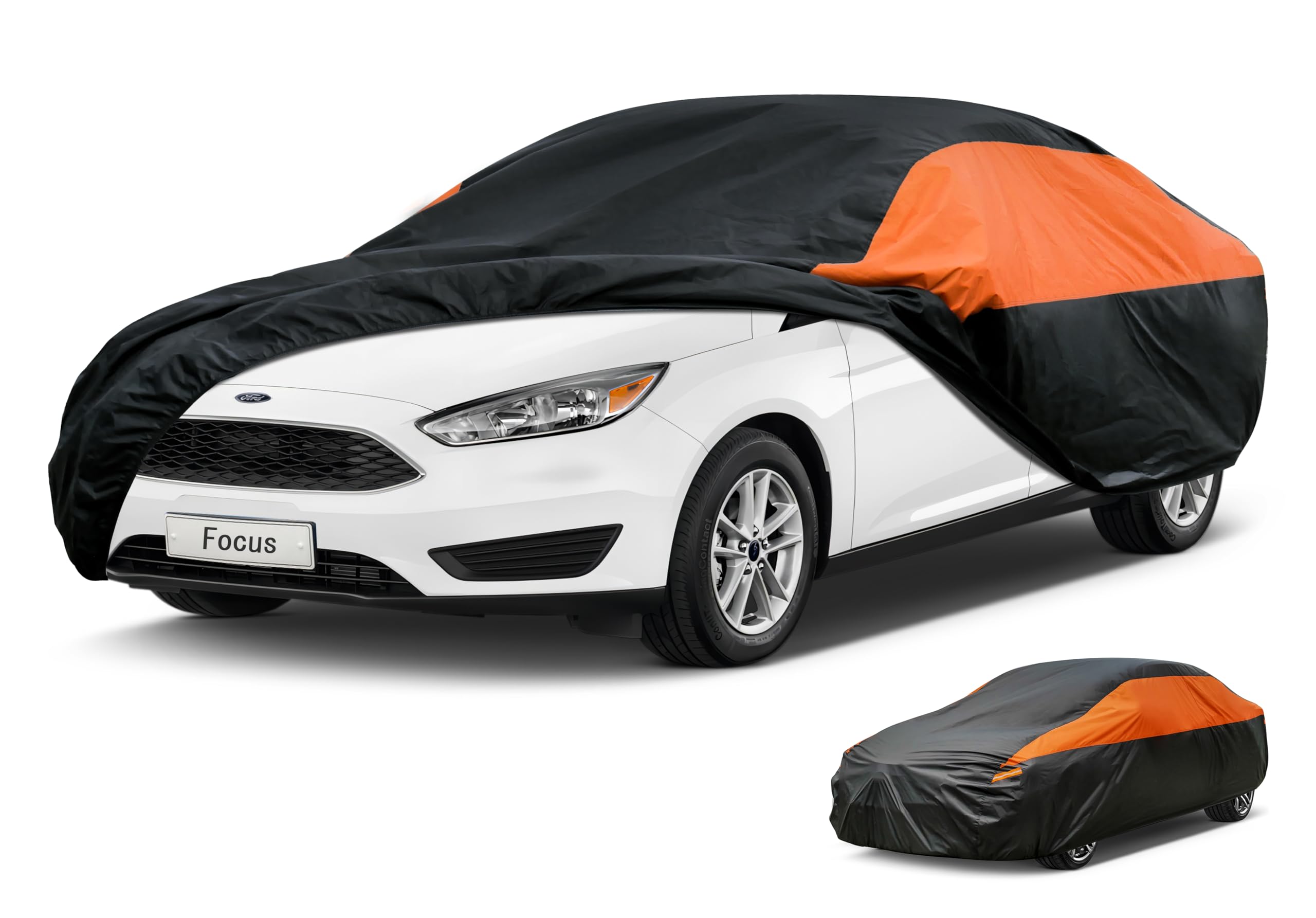 GUNHYI Waterproof Lightweight Sedan Full Car Cover Custom Fit Ford Focus | All‑weather Outdoor sun/rain/dust/snow/wind/UV protection, breathable tear‑resistant fabric, black‑orange design,storage bag