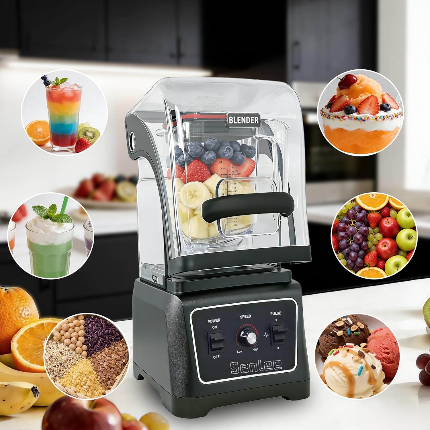 Commercial Blender Heavy Duty 2200W Professional-Grade with 64oz BPA-Free Jar, Quiet Shield, Self-Cleaning, 6-Leaf Stainless Steel Blade for Smoothies, Ice Crush, Shakes - Restaurant & Kitchen Use