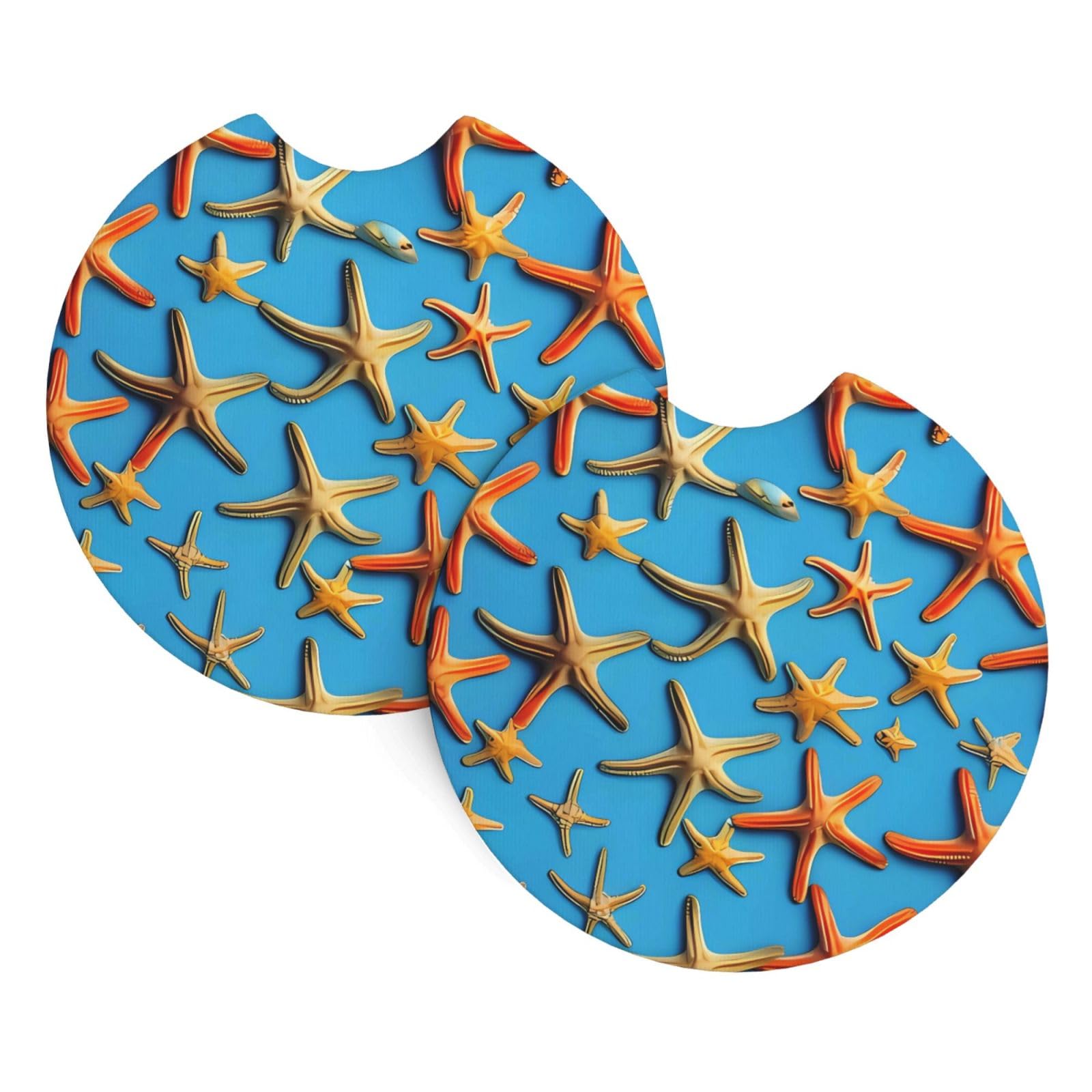 2 Pack Car Coaster for Cup Holders Blue Background with Many Starfish Car Cup Coaster 2.7" Neoprene Non-Slip Automotive Cup Mat Universal Auto Car Interior Accessories for Women Men Cup Pad