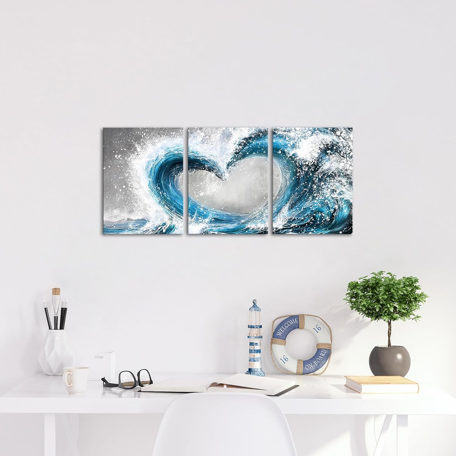 HOMEOART Bedroom Wall Art Ocean Wave Painting Love Sign Wall Decor Framed Artwork Bathroom Bedroom Living Room Decor (Blue)