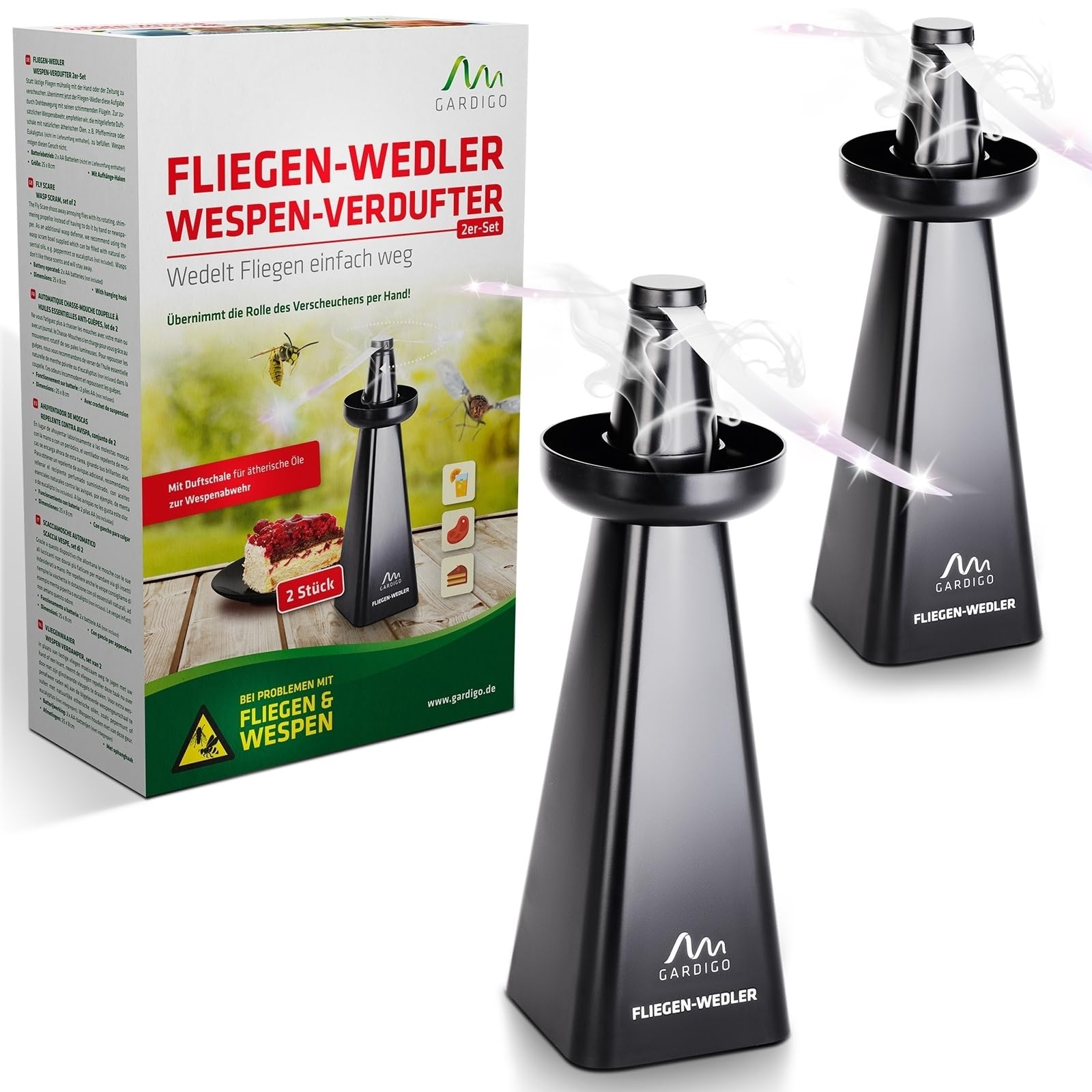 GARDIGO® Wespenwedler - 2er Set I Fliegenwedler mit Wespen Abwehr Schale | Fliegenabwehr, Fliegenvertreiber, Wespenschutz, Mückenabwehr | Insektenschutz