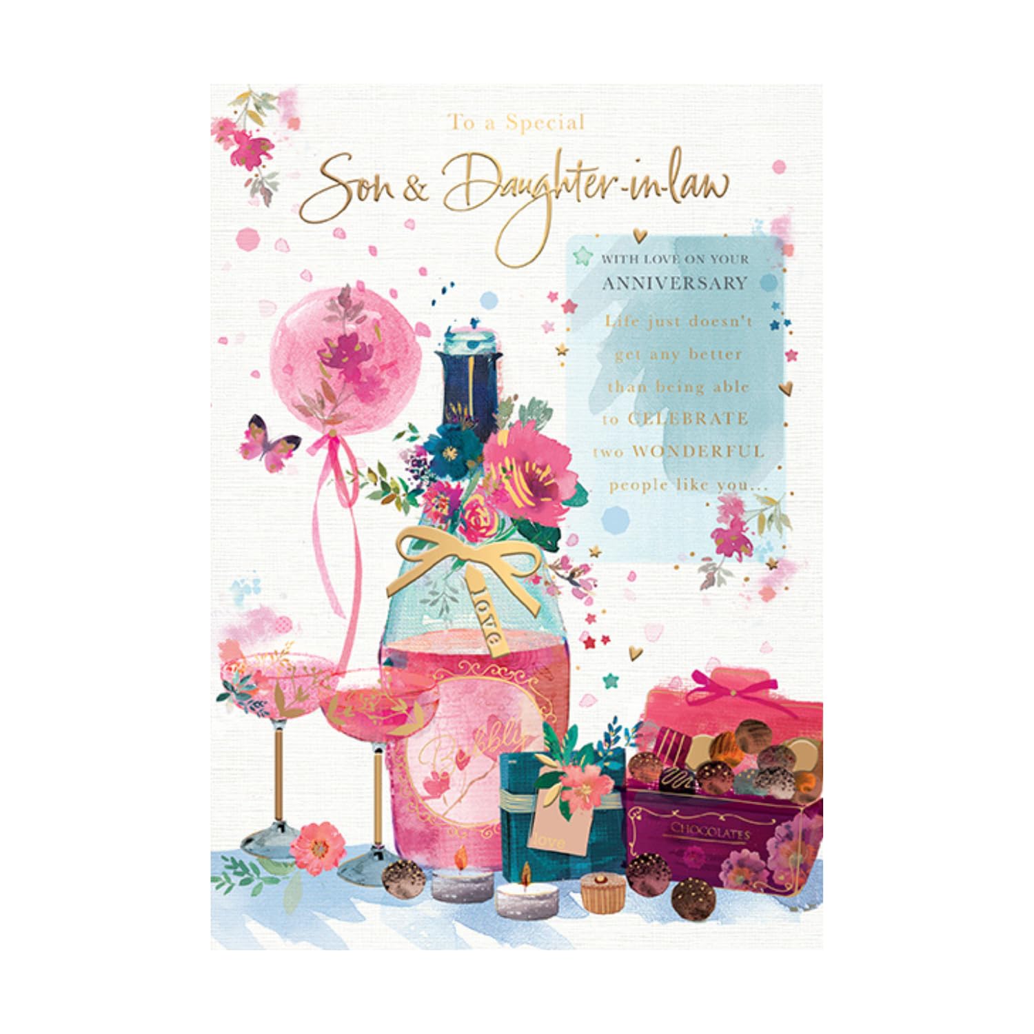 Words n Wishes Special Son & Daughter in Law Anniversary Card - Champagne Chocolates Candles
