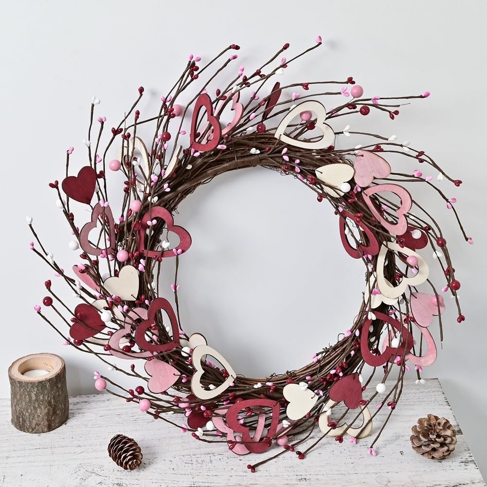 Couronne de cœur en bois rose à suspendre pour porte d'entrée, demande en mariage, fête, 45 cm