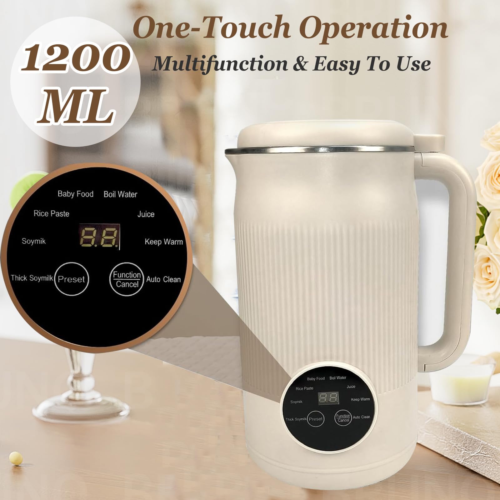 Macchina per latte di soia automatica 8 in 1, 1200 ml, con avvio ritardato, mantiene caldo, bollire l'acqua e autopulente, per latte di mandorle, latte di anacardi, succo, zuppe, porridge
