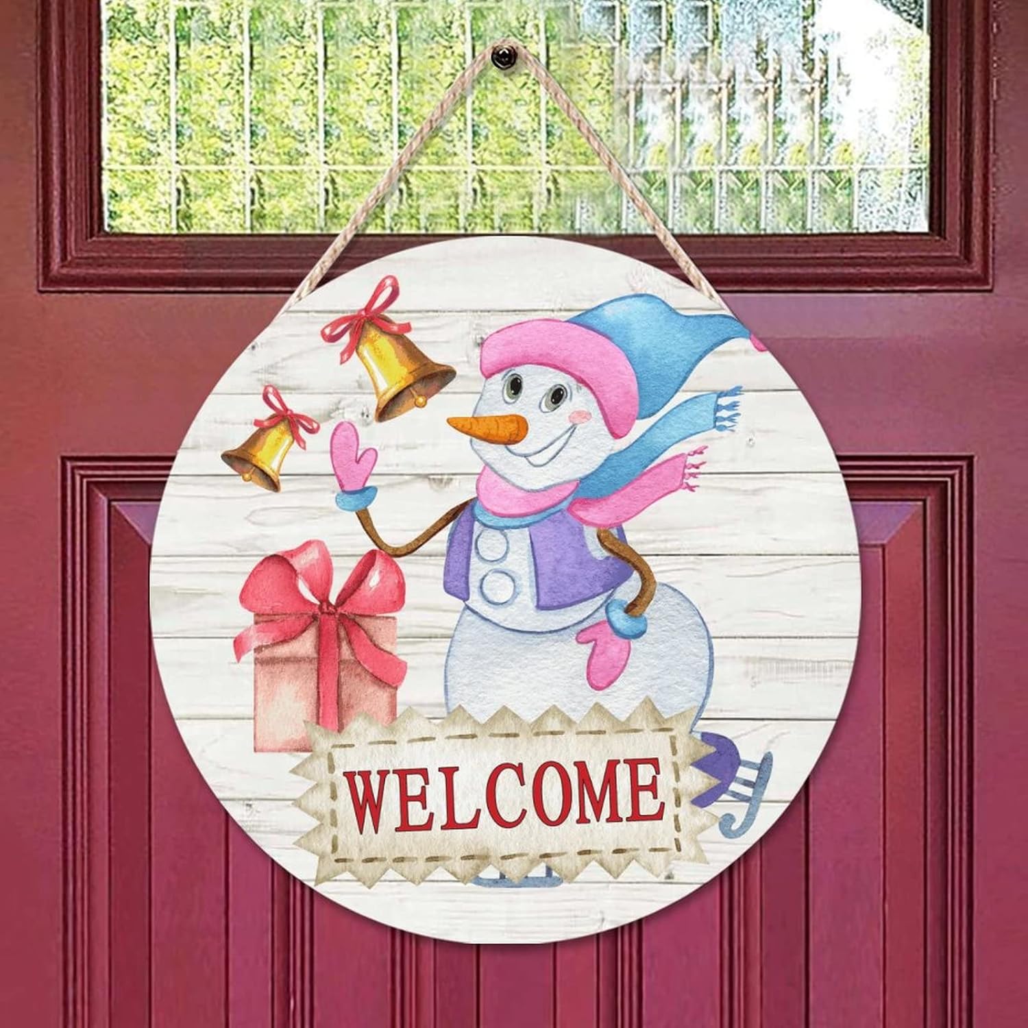 Christmas Snowman Welcome Wood Door Sign Winter Welcome Front Door Sign 16x16in Christmas Welcome Wall Door Hanging Sign for Outdoor Front Porch Farmhouse Front Door Decor Housewarming Gifts