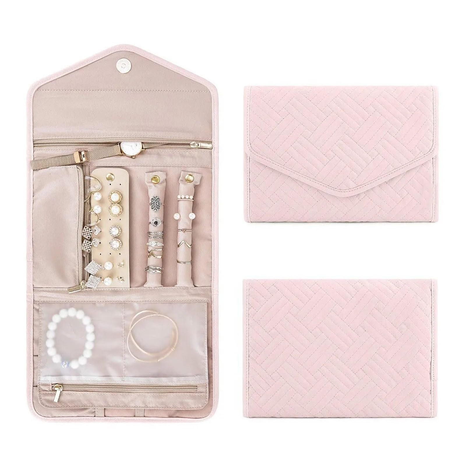 UBOHUZ Foldable Portable Jewelry Bag, Large Women's Travel Roll, Necklace Earring Ring Jewellery Display Storage for Travel Necklace(Pink)