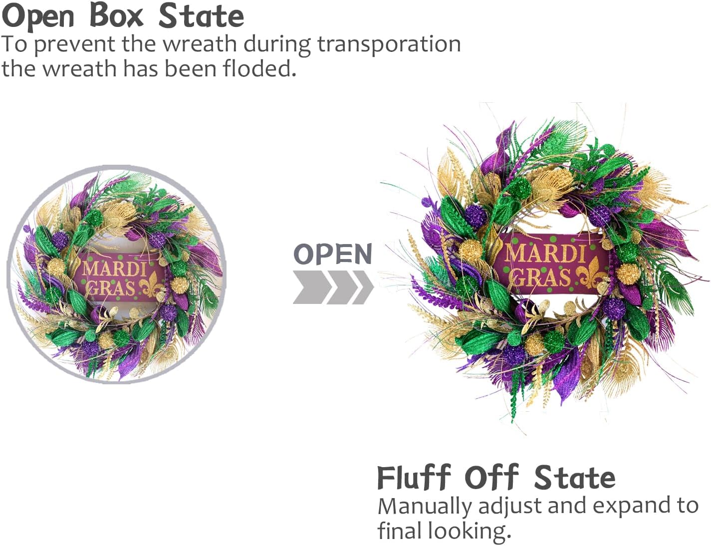 TEMPUS 20 inch Mardi Gras Purple and Green Glitter Wreath for Front Door Carnival Party Decor Wreath with Mardi Gras Sign Indoor and Outdoor Glitter Party Decorations