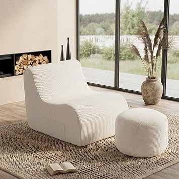 Bean Bag Chair with Ottoman, Lazy Sofa for Adults for Living Room,White | Ergonomic, Non-Slip Base, Side Pocket, Zipper, for Gaming, Dorm Office Reading, Comfy